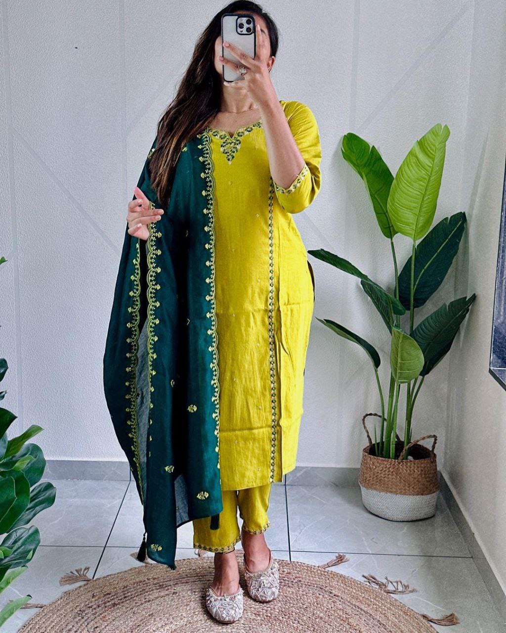 Sublime Parrot Green Roman Silk Handworked Kurta Pant Dupatta Set - Ethnicwish