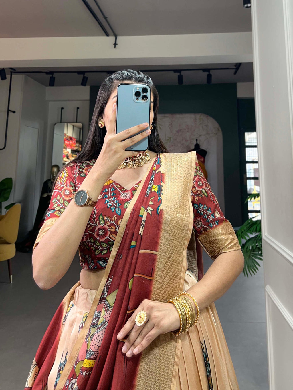 Spectacular Dola Silk Kalamkari Printed Lehenga Choli Set - Ethnicwish