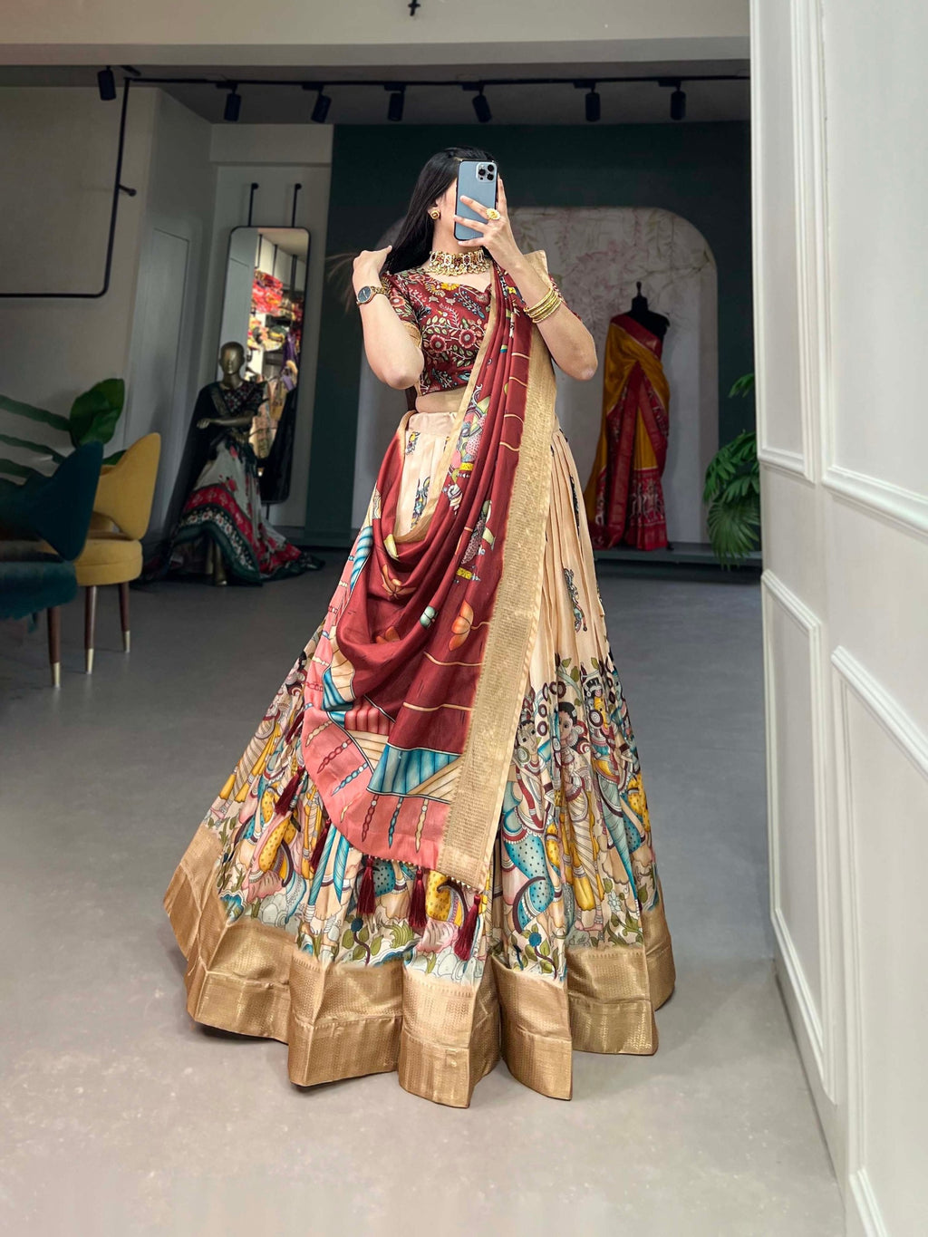 Spectacular Dola Silk Kalamkari Printed Lehenga Choli Set - Ethnicwish