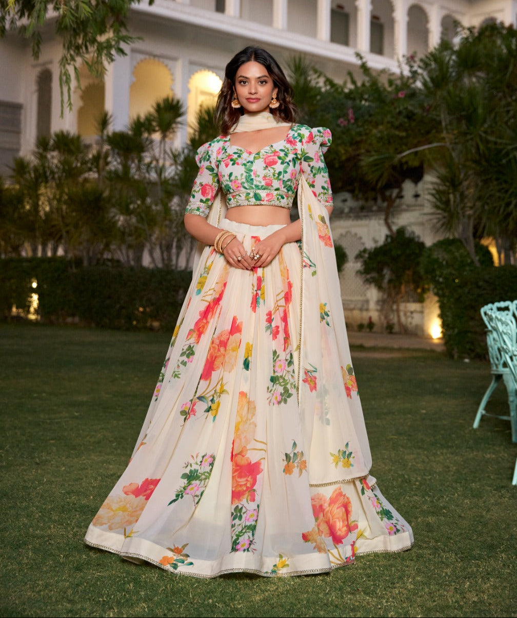 Fetching Cream Georgette Floral Printed Lehenga Choli Set - Ethnicwish