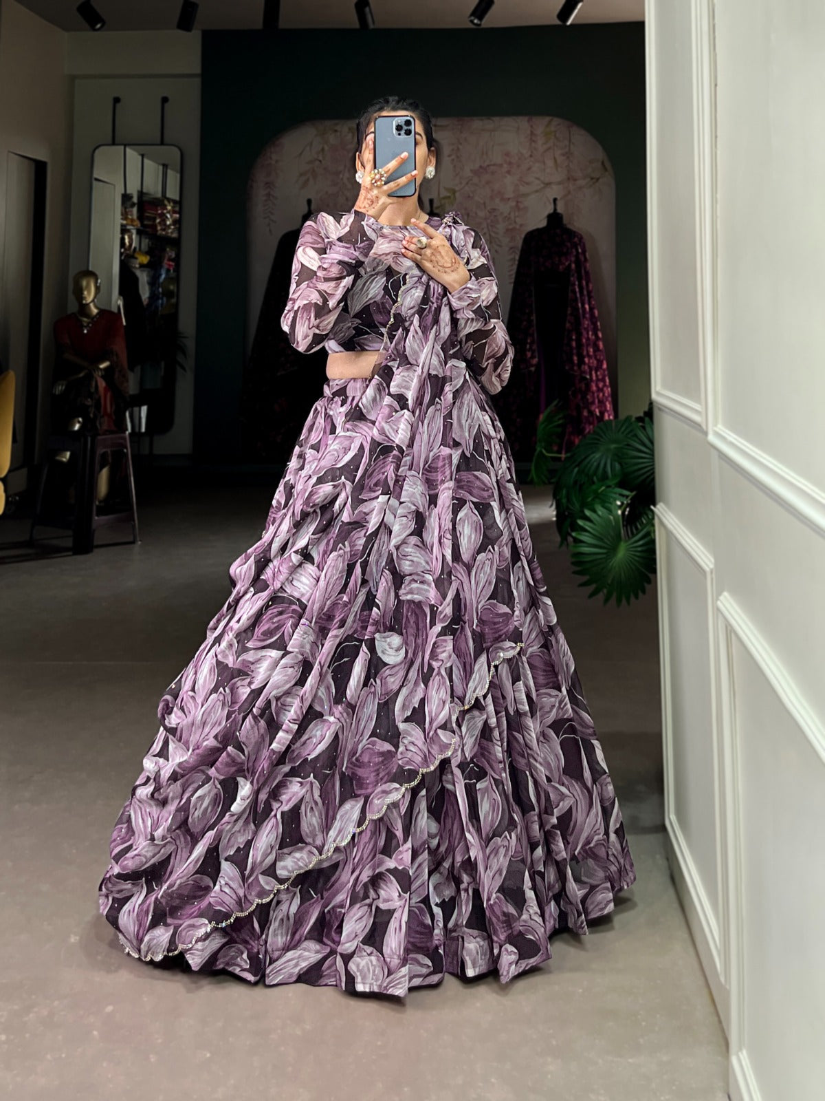 Spellbinding Tabby Silk Printed Hotfix Worked Lehenga Choli - Ethnicwish