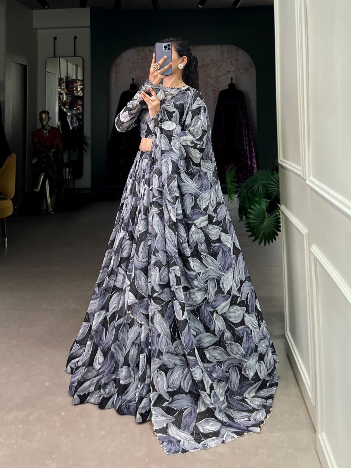 Spellbinding Tabby Silk Printed Hotfix Worked Lehenga Choli - Ethnicwish