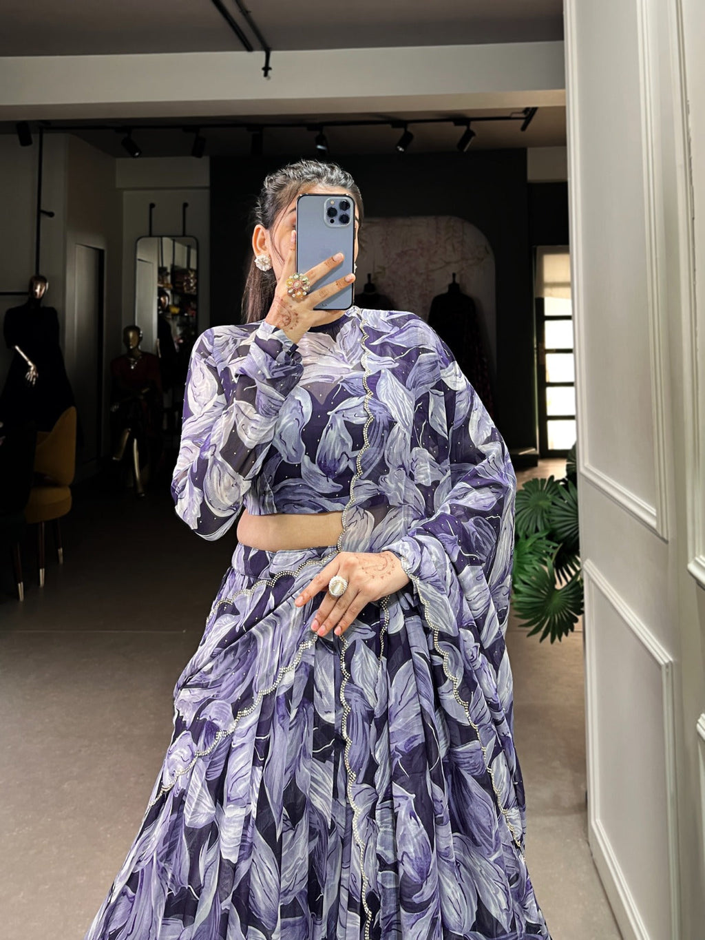 Spellbinding Tabby Silk Printed Hotfix Worked Lehenga Choli - Ethnicwish