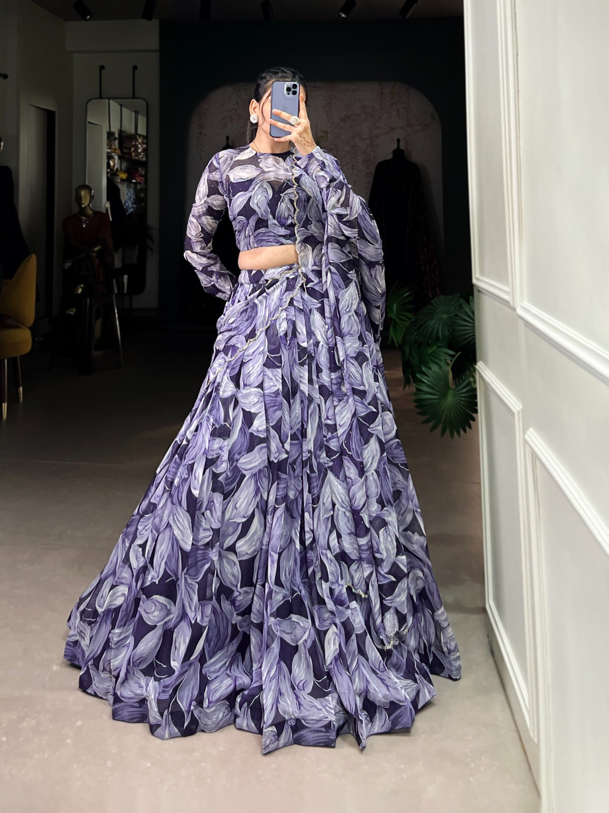 Spellbinding Tabby Silk Printed Hotfix Worked Lehenga Choli - Ethnicwish