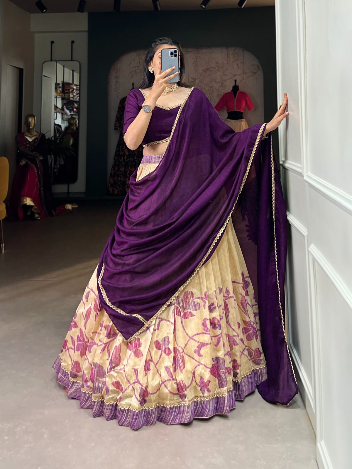 Elegant Silk Printed lace Border Worked Stitched Lehenga Choli - Ethnicwish