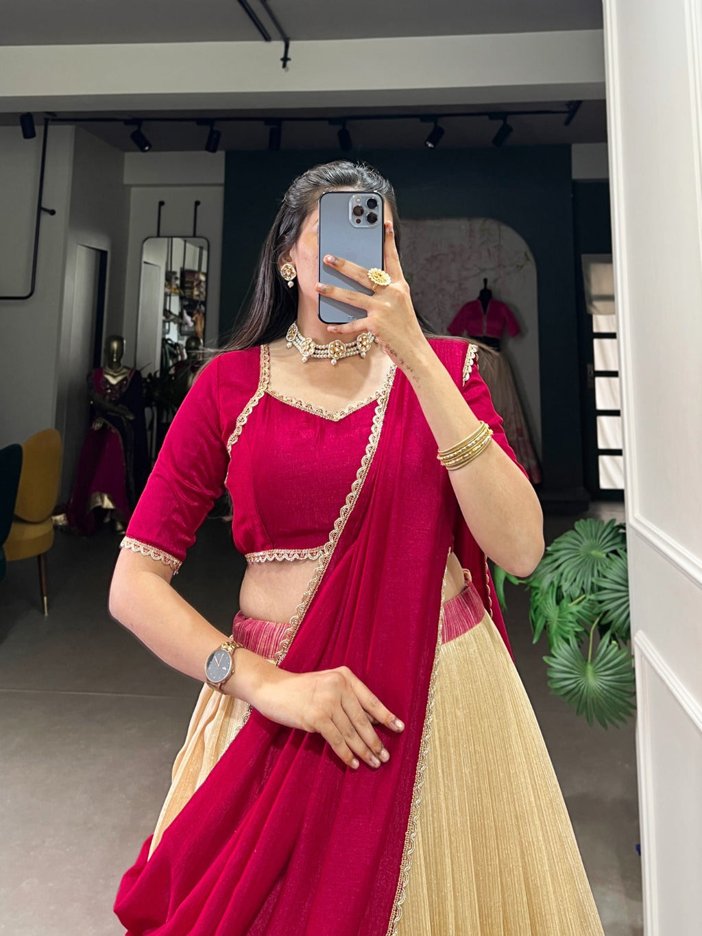 Elegant Silk Printed lace Border Worked Stitched Lehenga Choli - Ethnicwish