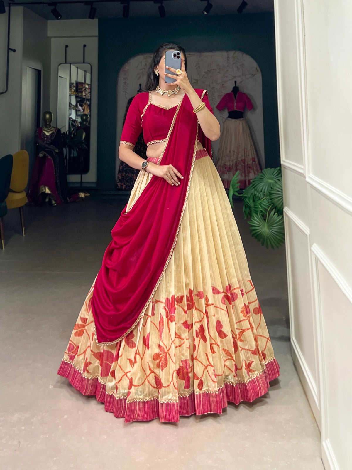 Elegant Silk Printed lace Border Worked Stitched Lehenga Choli - Ethnicwish