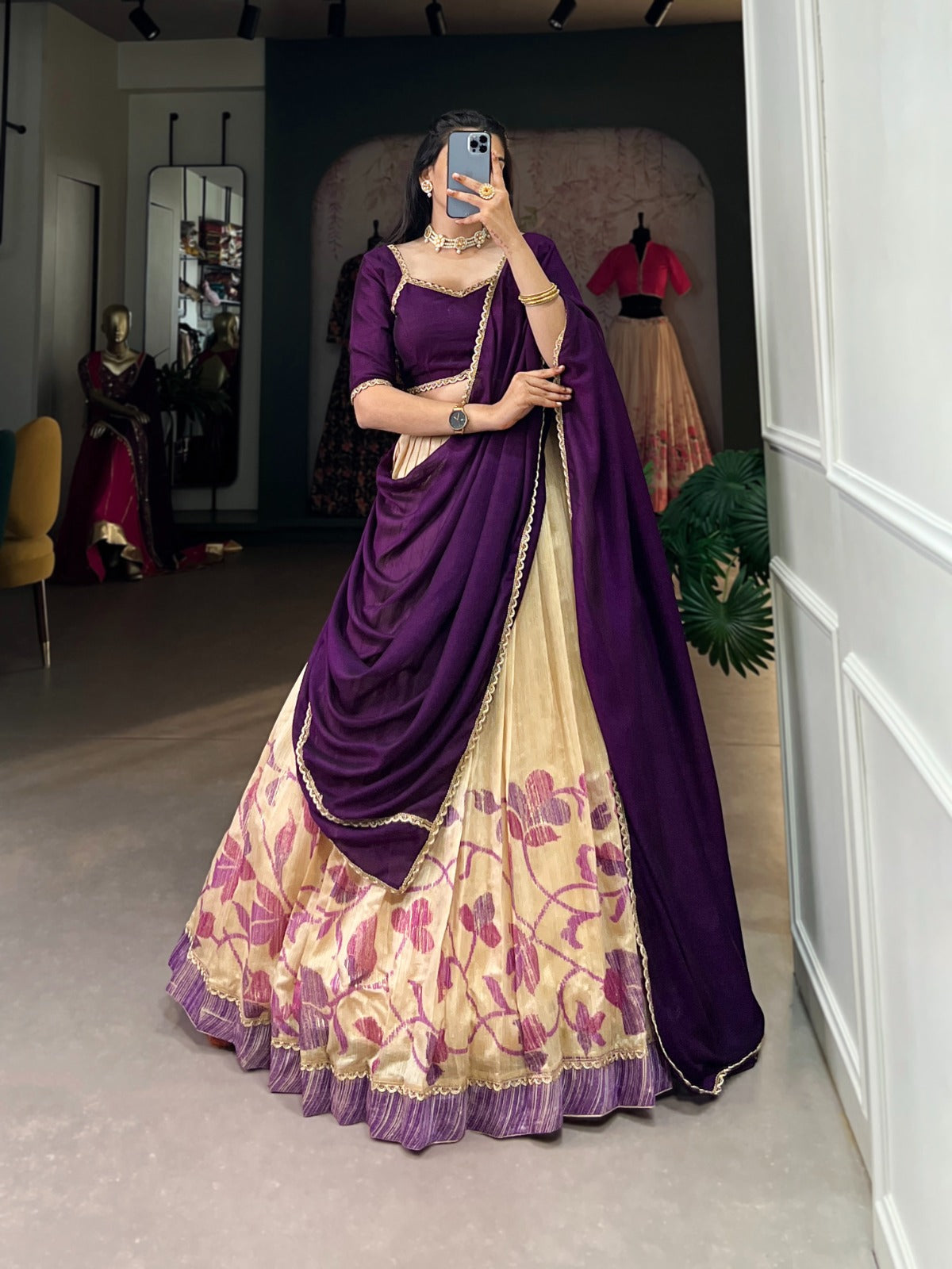Elegant Silk Printed lace Border Worked Stitched Lehenga Choli - Ethnicwish