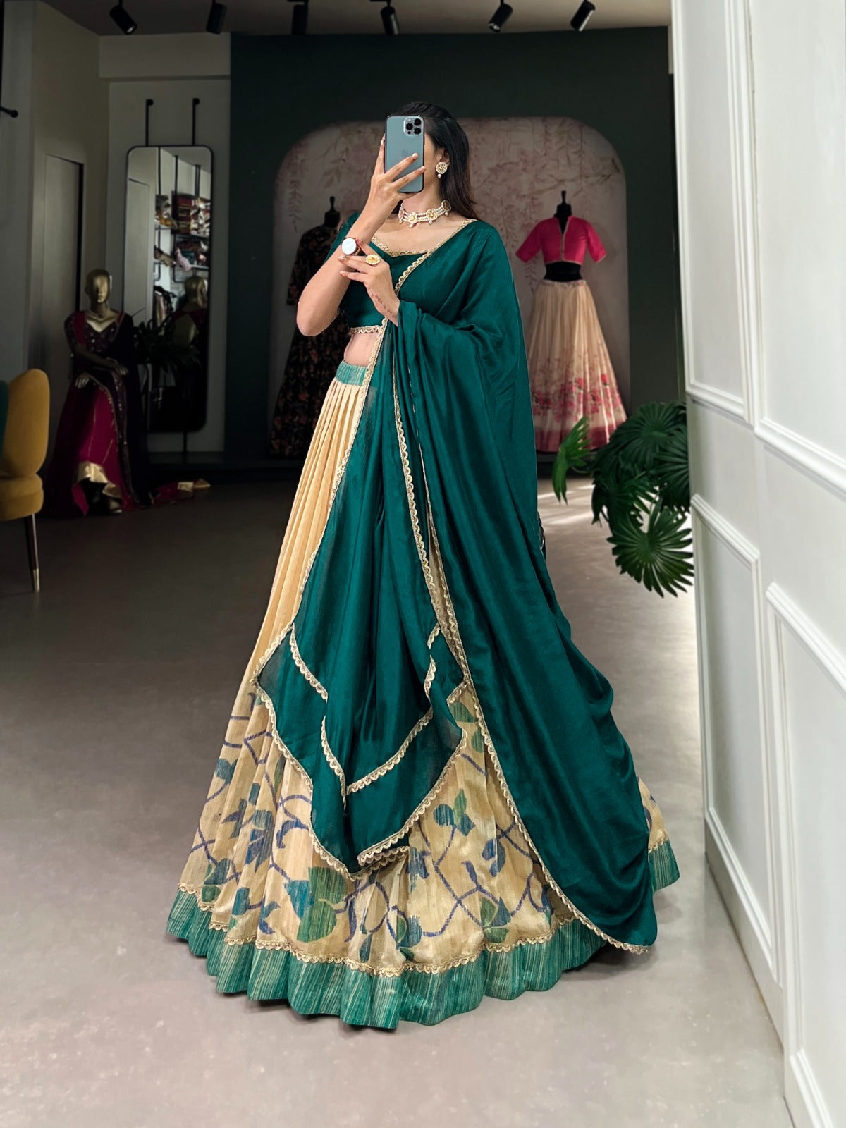 Elegant Silk Printed lace Border Worked Stitched Lehenga Choli - Ethnicwish