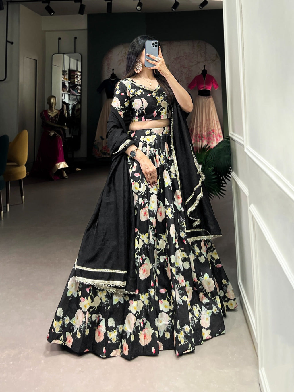 Breathtaking Black Tussar Silk Floral Digital Printed Lehenga Choli - Ethnicwish