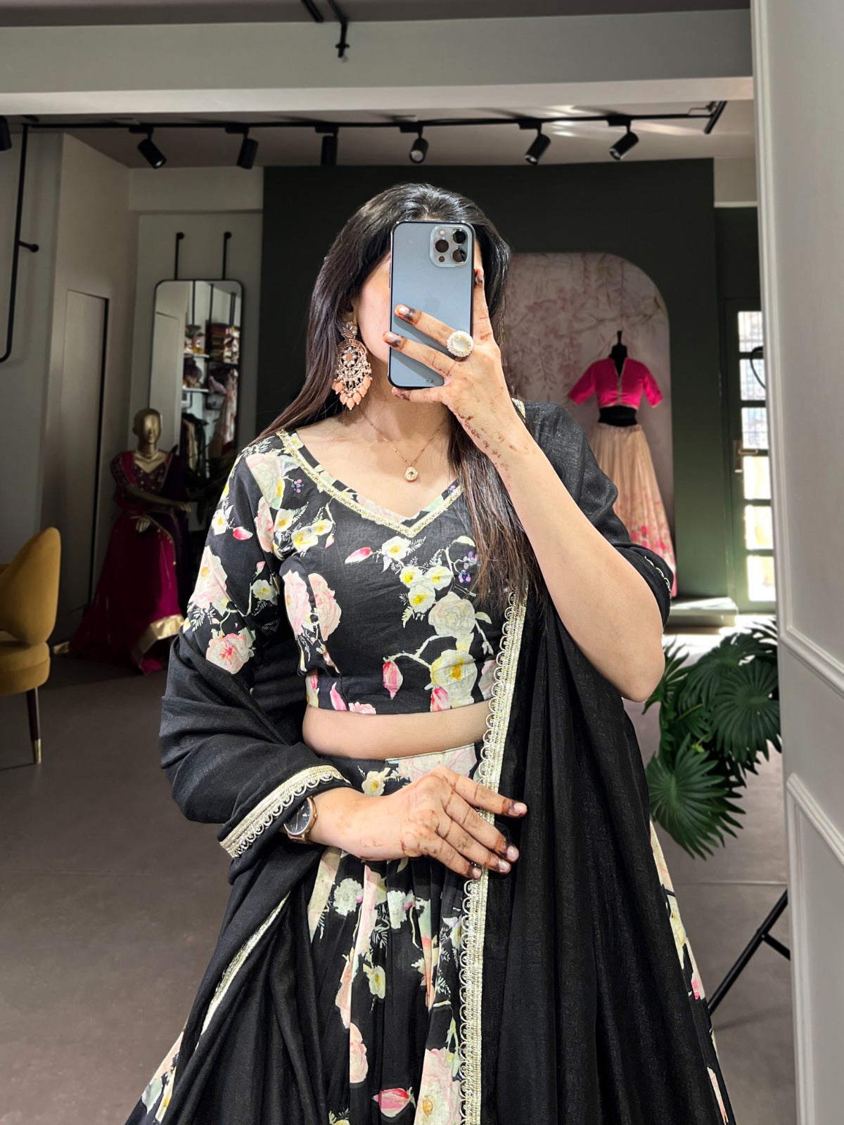 Breathtaking Black Tussar Silk Floral Digital Printed Lehenga Choli - Ethnicwish