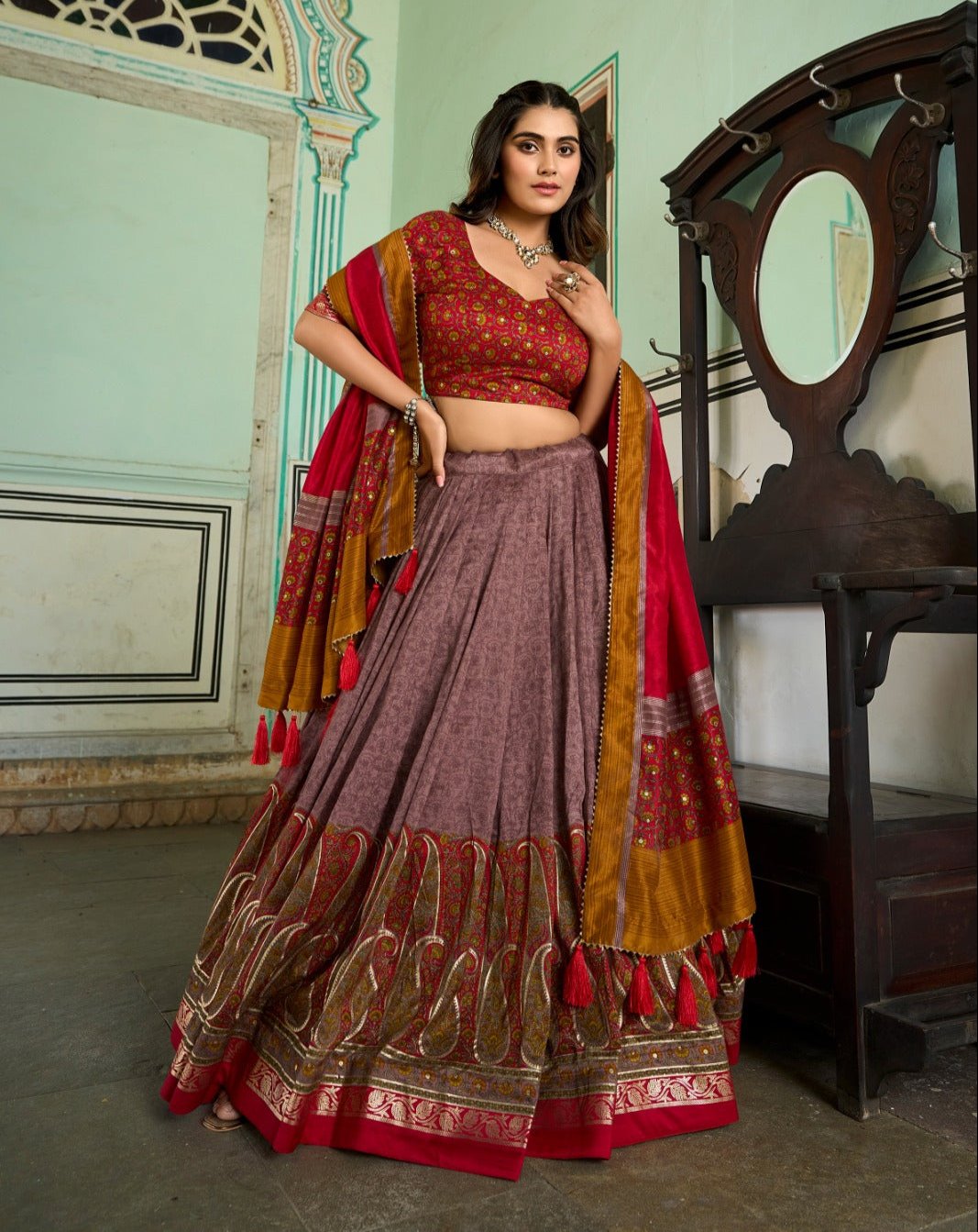 Chic Onion Tussar Silk Kashmiri Printed Lehenga Choli Set - Ethnicwish