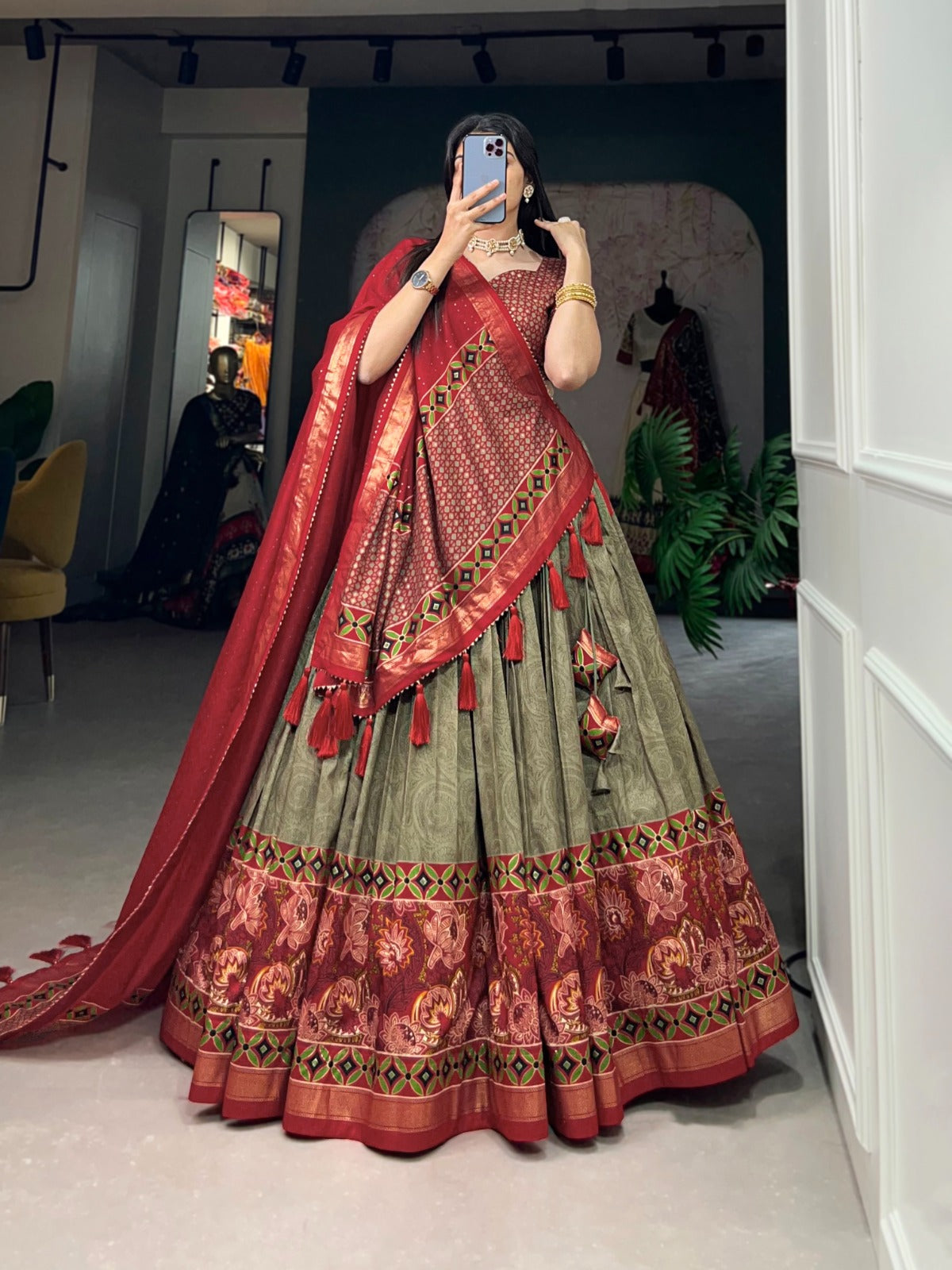 Ravishing Mehendi Green Tussar Silk Floral Printed Lehenga Choli - Ethnicwish