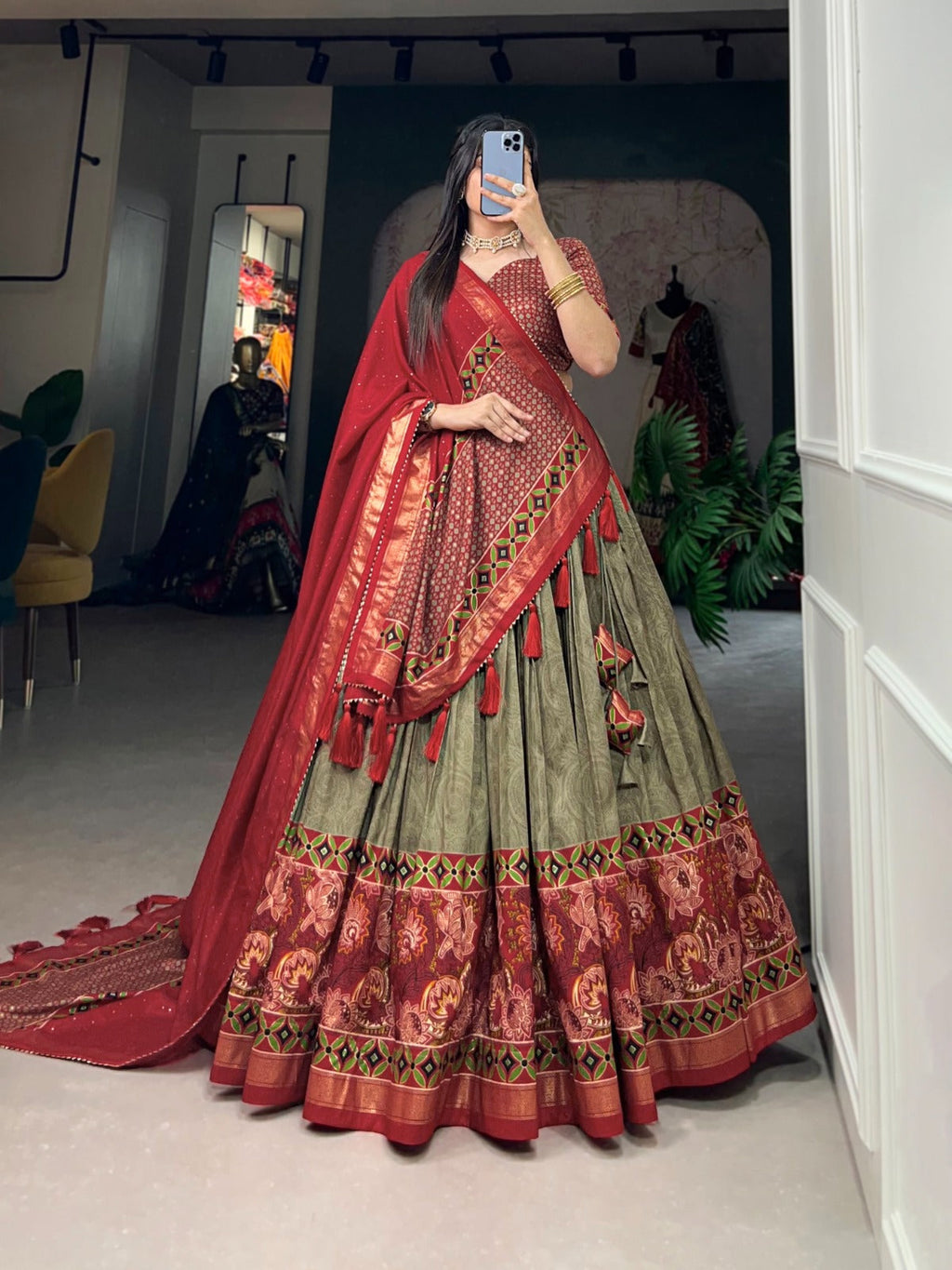 Ravishing Mehendi Green Tussar Silk Floral Printed Lehenga Choli - Ethnicwish