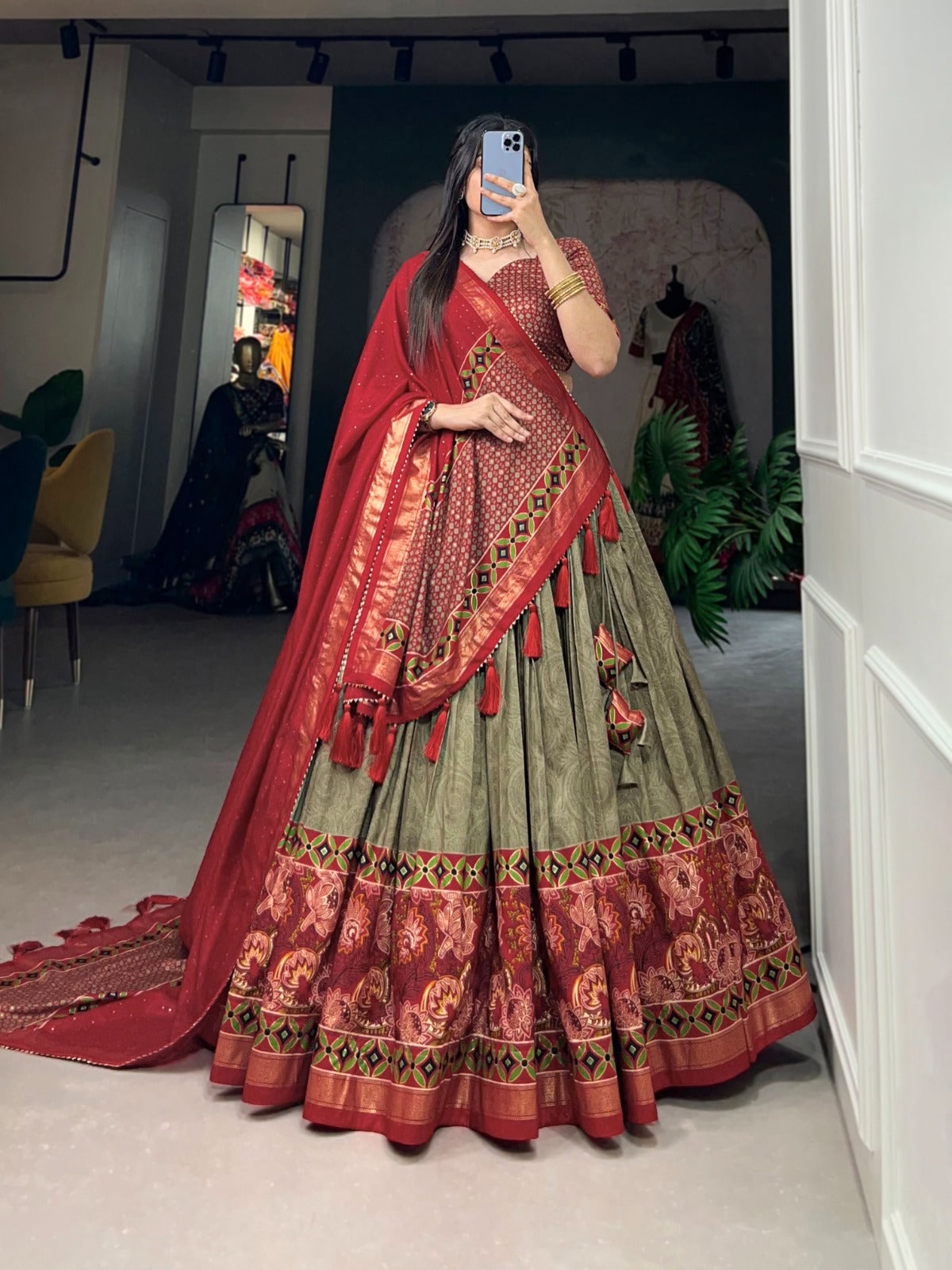 Ravishing Mehendi Green Tussar Silk Floral Printed Lehenga Choli - Ethnicwish