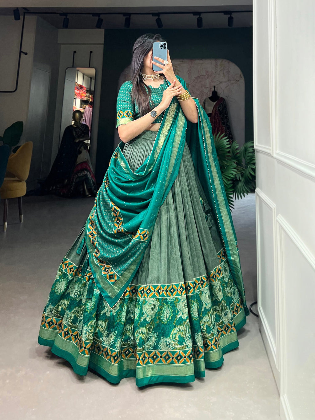 Lovely Sky Green Tussar Silk Floral Printed  Lehenga Choli - Ethnicwish