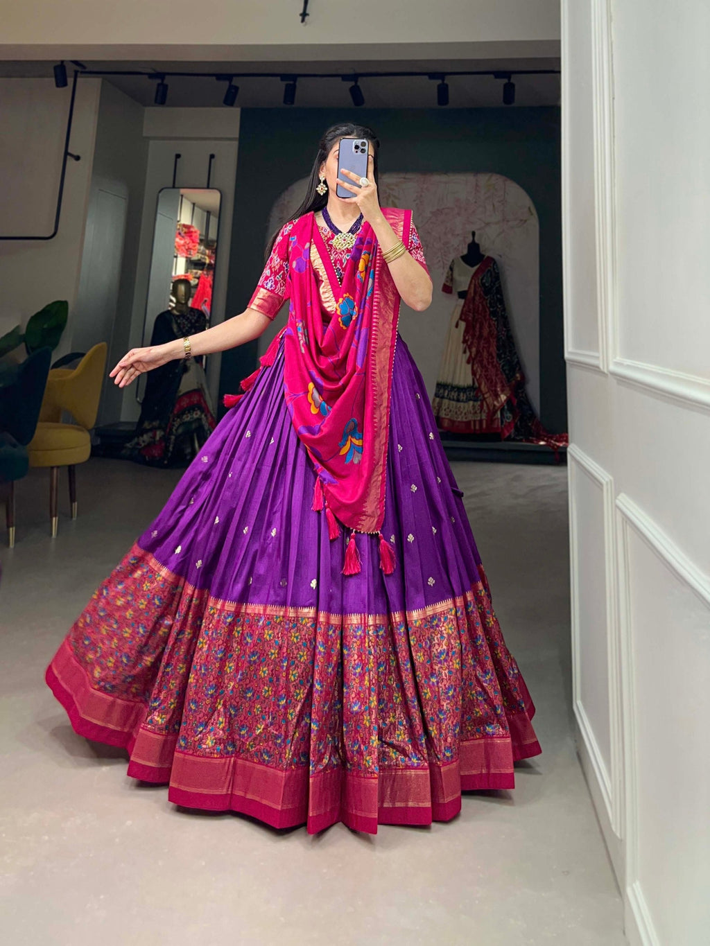 Entrancing Purple Tussar Silk Printed Foil Worked Lehenga Choli - Ethnicwish