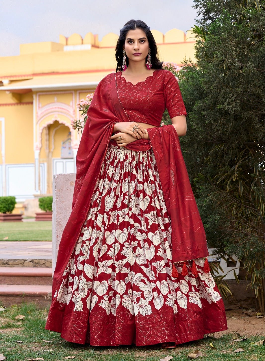 Radiant Red Tussar Silk Floral Printed Lehenga Choli Set - Ethnicwish
