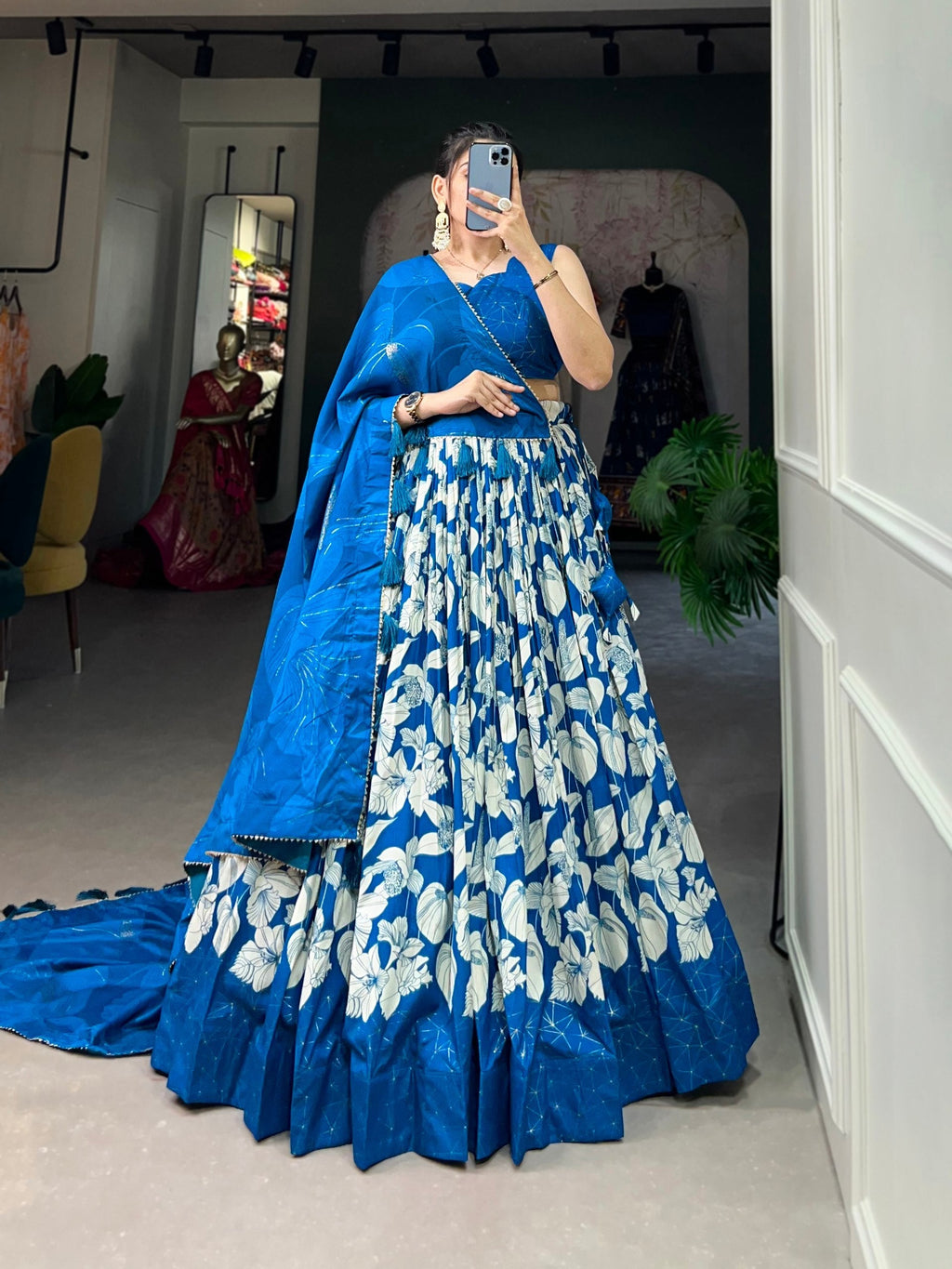 Comely Royal Blue Tussar Silk Floral Printed Lehenga Choli Set - Ethnicwish