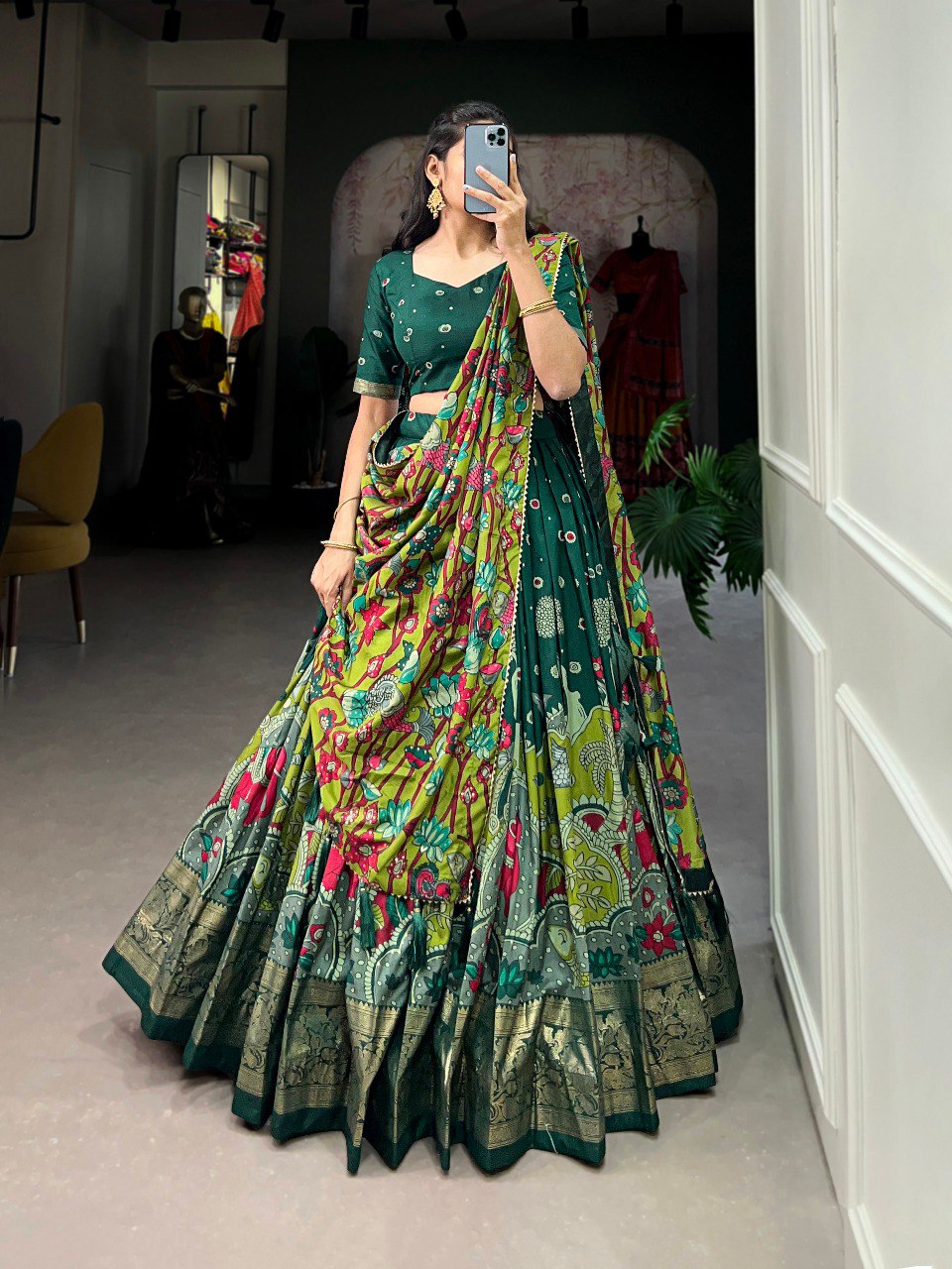 Stunning Tussar Silk Kalamkari Printed Foil Worked Lehenga Choli - Ethnicwish