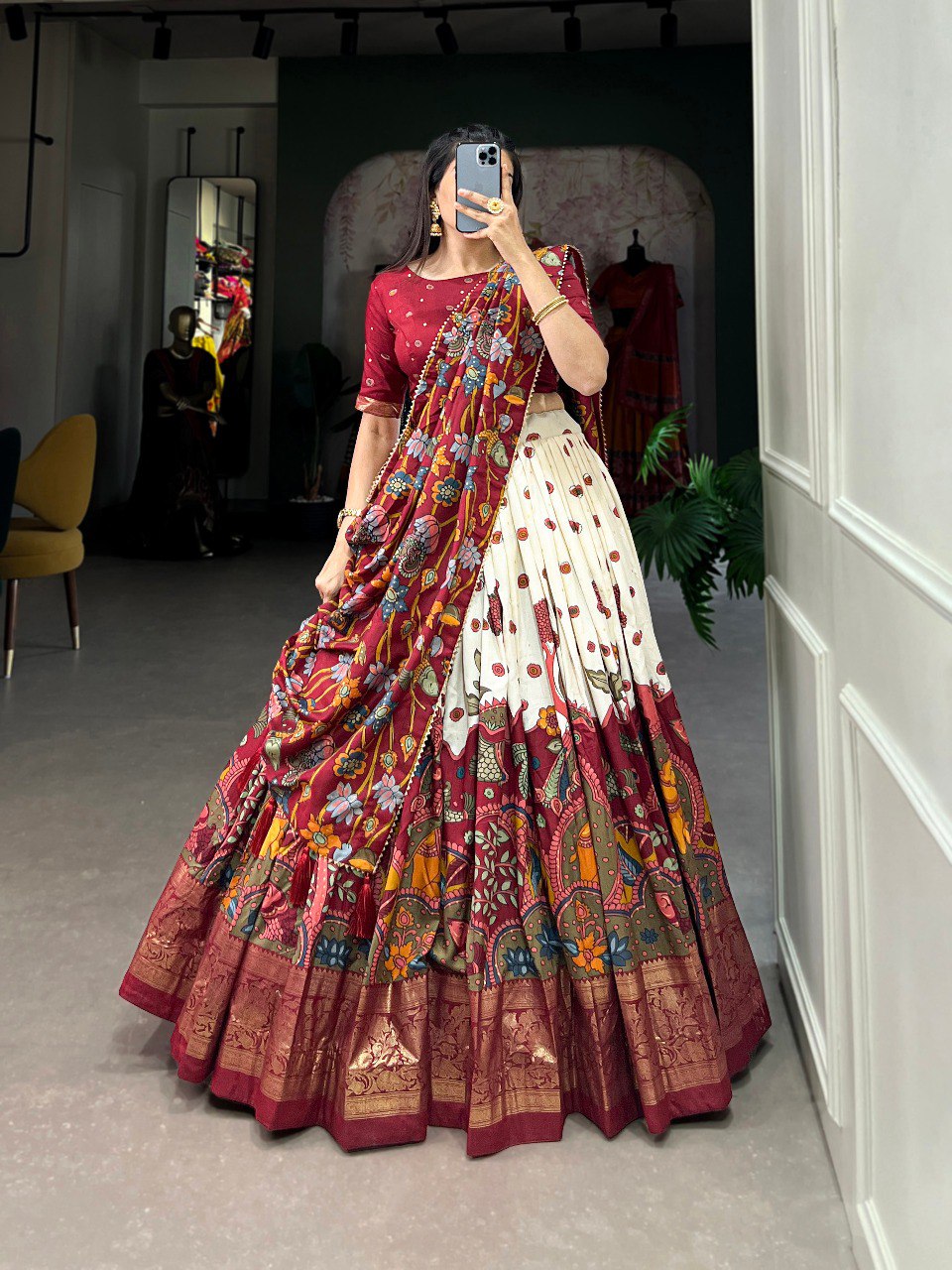 Stunning Tussar Silk Kalamkari Printed Foil Worked Lehenga Choli - Ethnicwish
