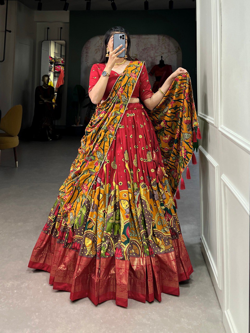 Stunning Tussar Silk Kalamkari Printed Foil Worked Lehenga Choli - Ethnicwish