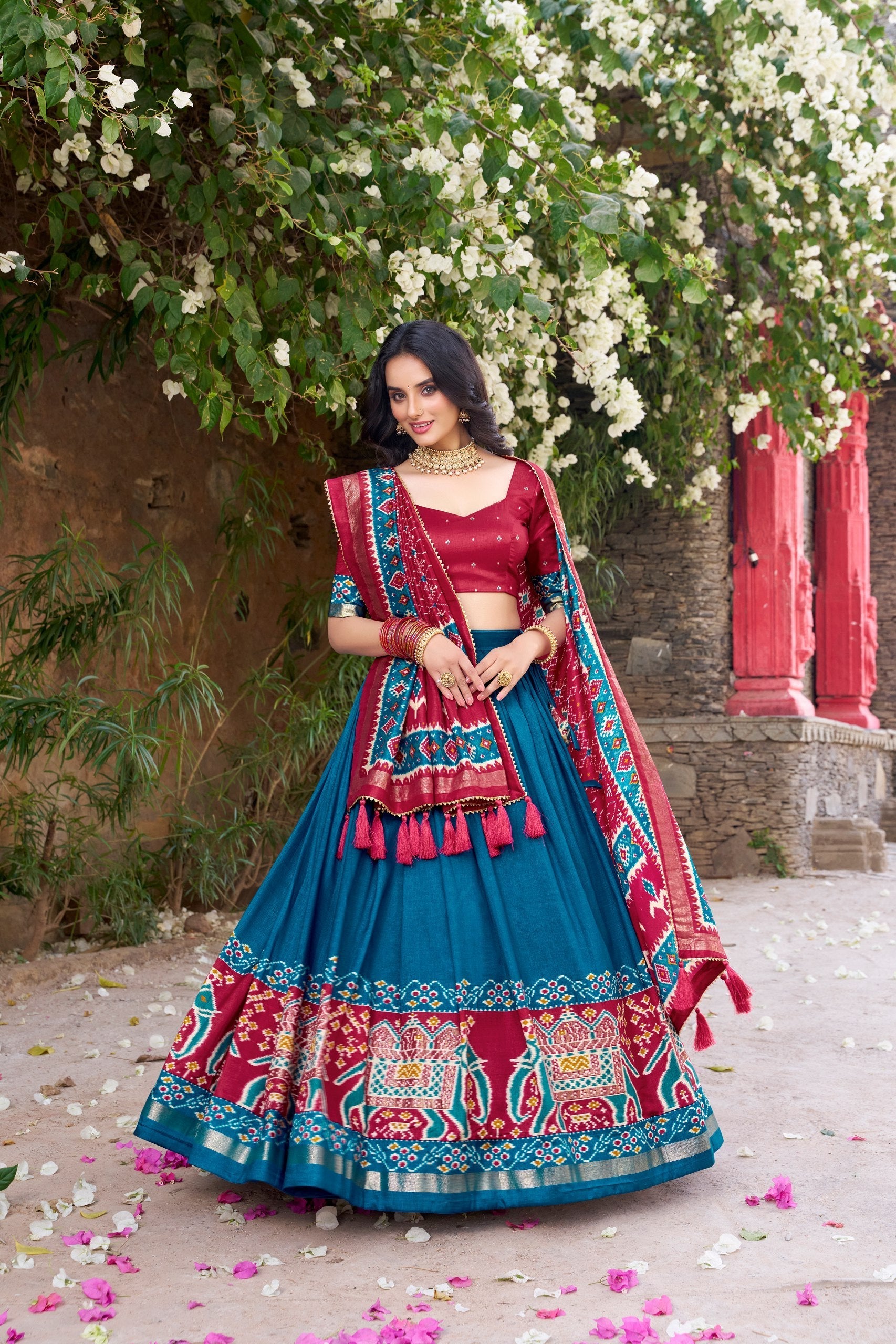Enchanting Tussar Silk Patola Printed Lehenga Choli Set - ETHNICDEAL