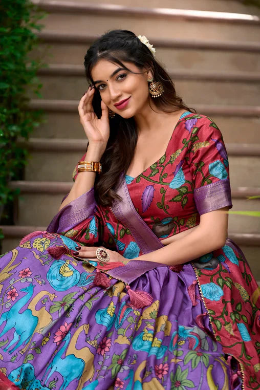 Fascinating Dola Silk Kalamkari Printed Lehenga Choli Set - Ethnicwish