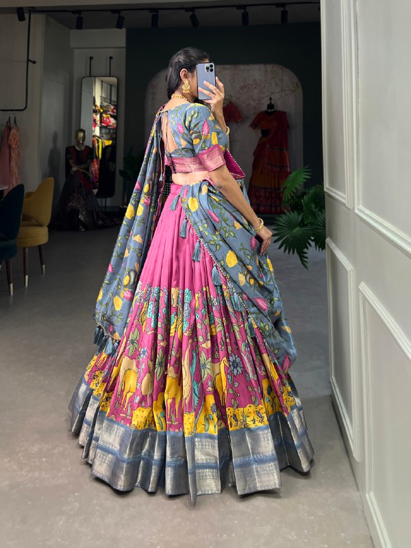 Fascinating Dola Silk Kalamkari Printed Lehenga Choli Set - Ethnicwish