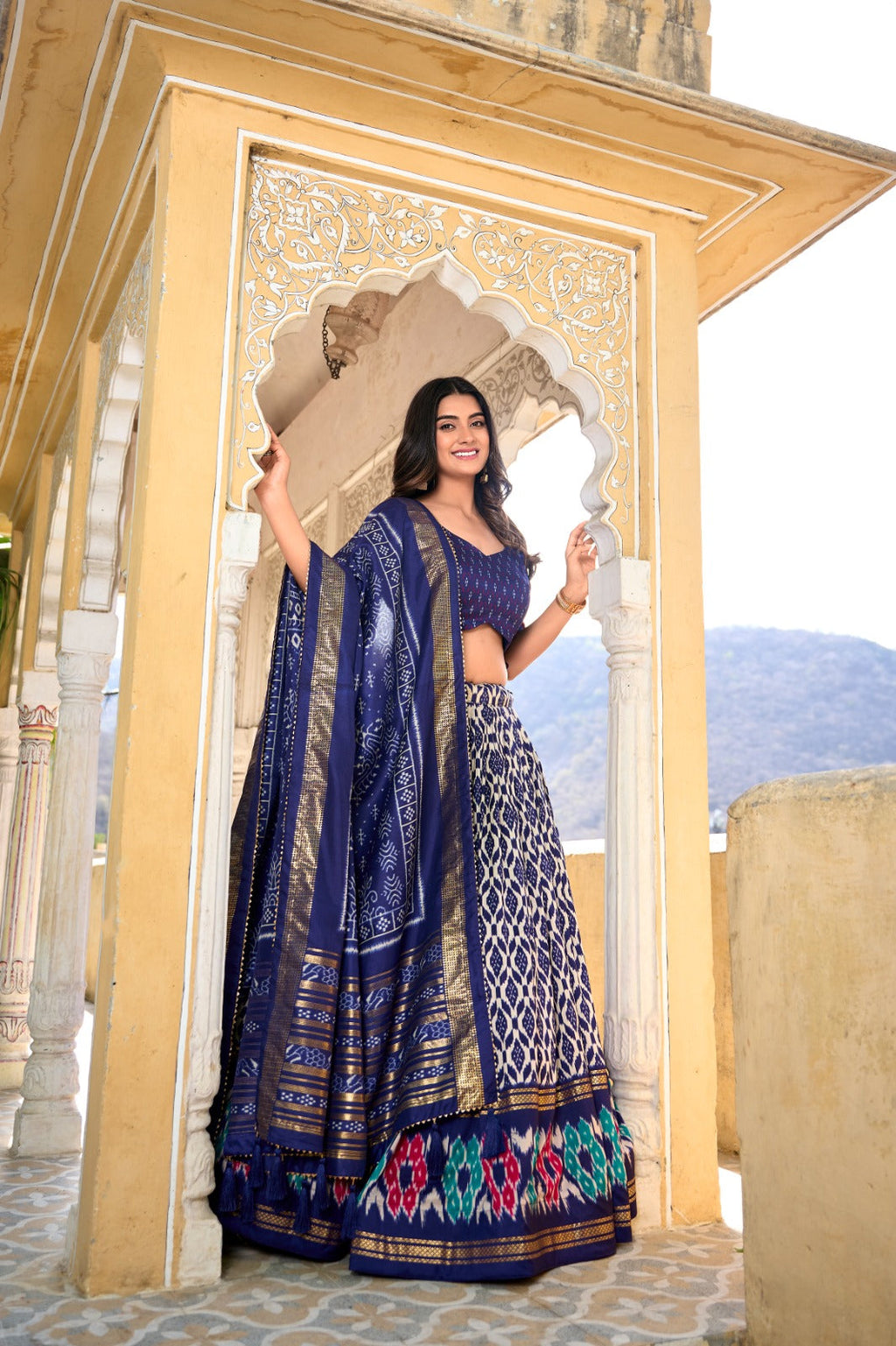 Appealing Navy Blue Tussar Silk Printed Foil Worked Lehenga Choli - Ethnicwish