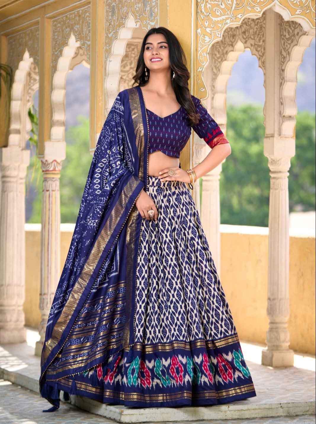 Appealing Navy Blue Tussar Silk Printed Foil Worked Lehenga Choli - Ethnicwish