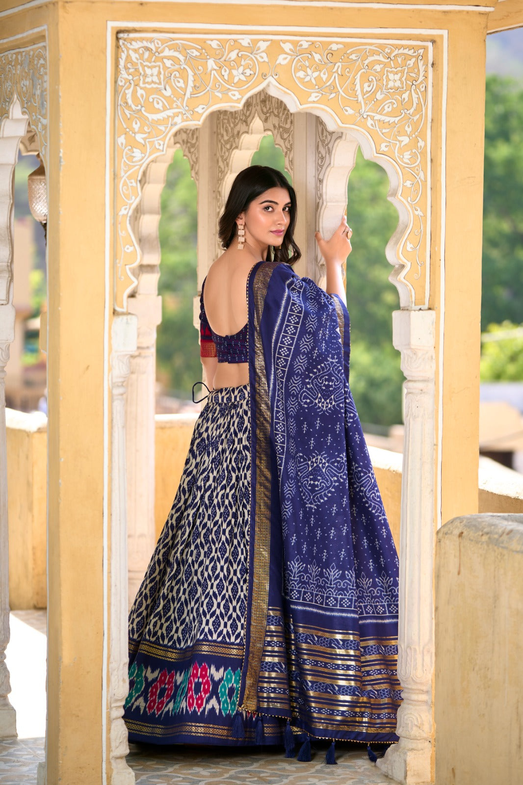 Appealing Navy Blue Tussar Silk Printed Foil Worked Lehenga Choli - Ethnicwish