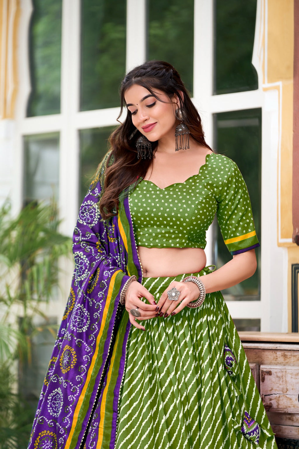Leheriya With Patola Printed Tussar Silk  Lehenga Choli Set - Ethnicwish