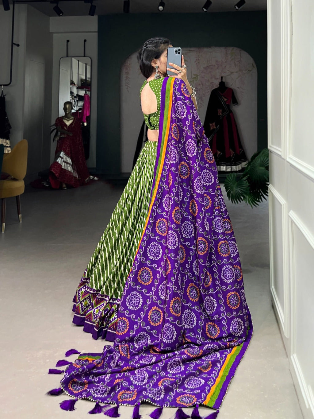 Leheriya With Patola Printed Tussar Silk  Lehenga Choli Set - Ethnicwish