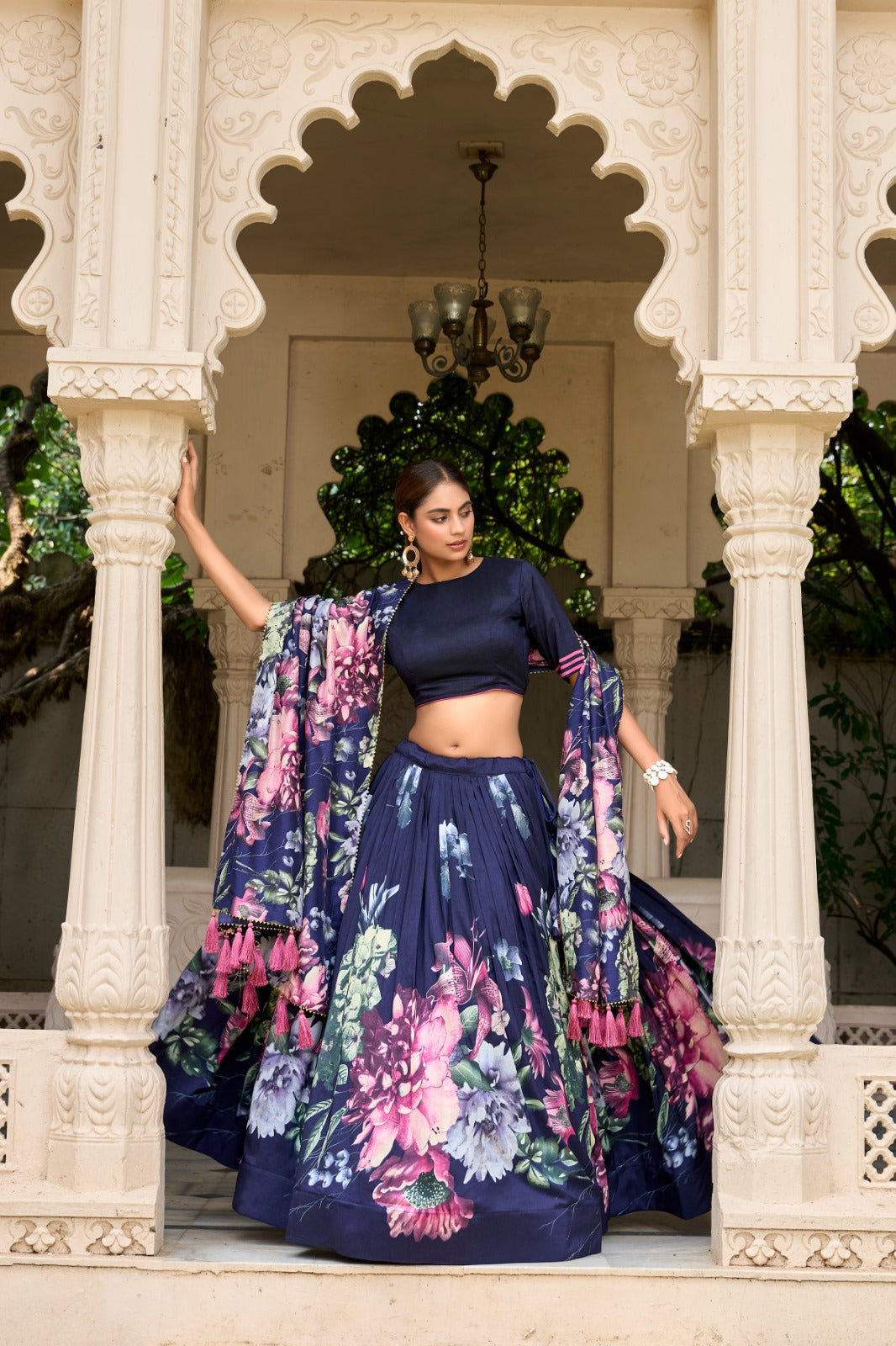 Stylish Tussar Silk Floral Digital Printed Lehenga Choli Set - Ethnicwish