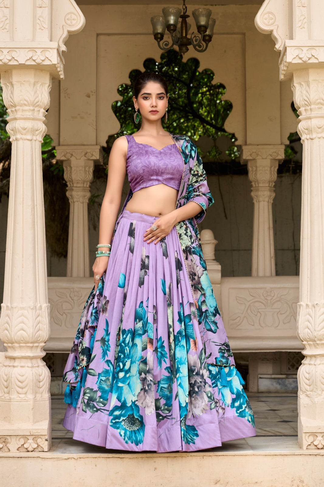 Stylish Tussar Silk Floral Digital Printed Lehenga Choli Set - Ethnicwish