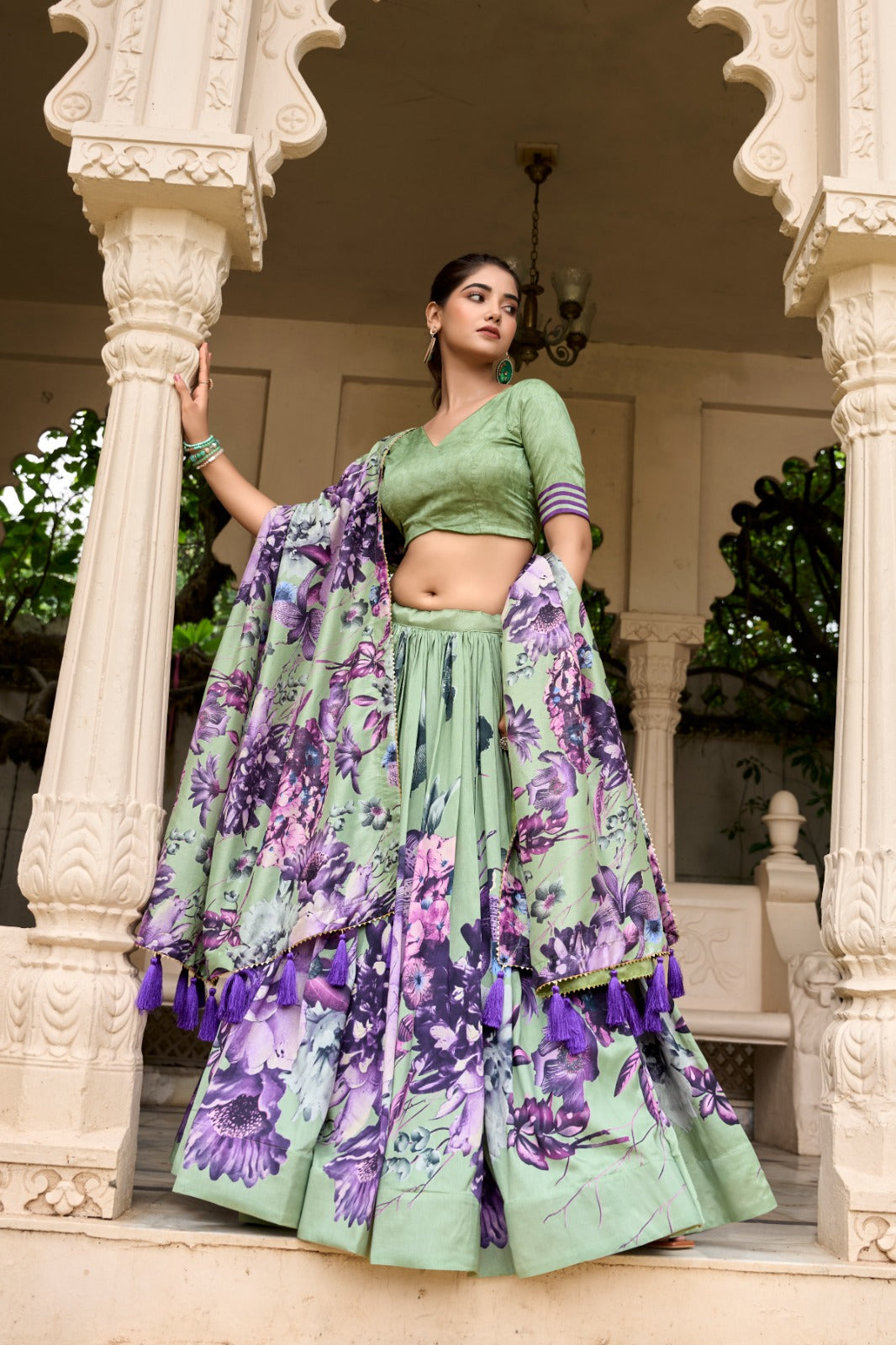 Stylish Tussar Silk Floral Digital Printed Lehenga Choli Set - Ethnicwish