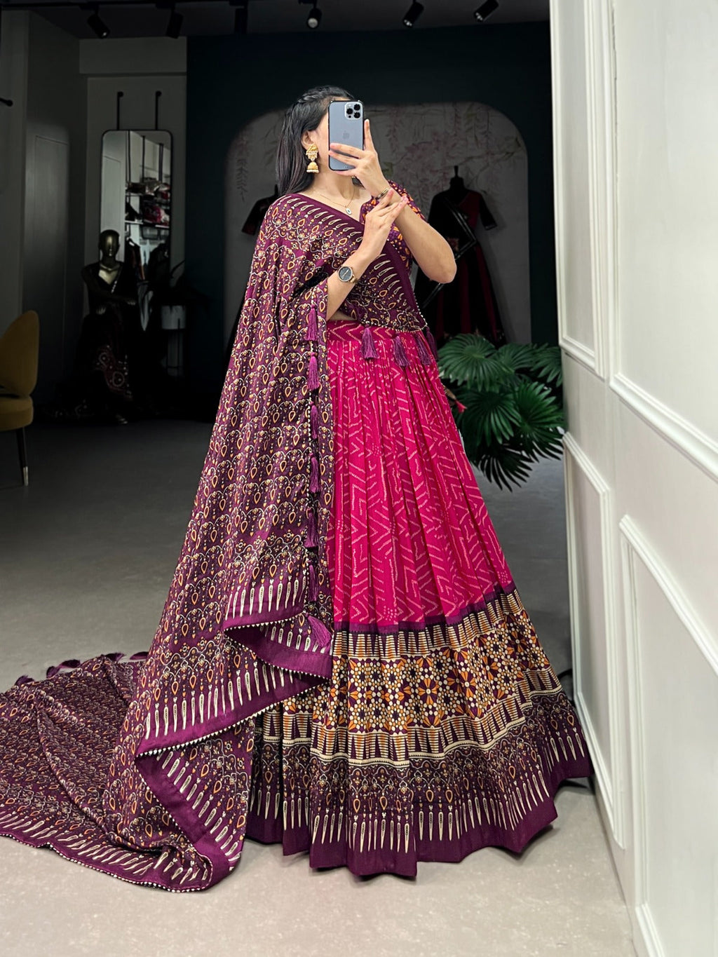 Sumptuous Pink Tussar Silk Bandhej Ajarakh Printed Lehenga Choli - Ethnicwish