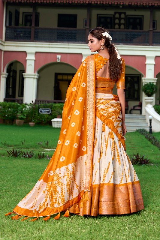 Magnificent Dola Silk Shibori Printed Zari Weaving Border Worked Lehenga Set - Ethnicwish