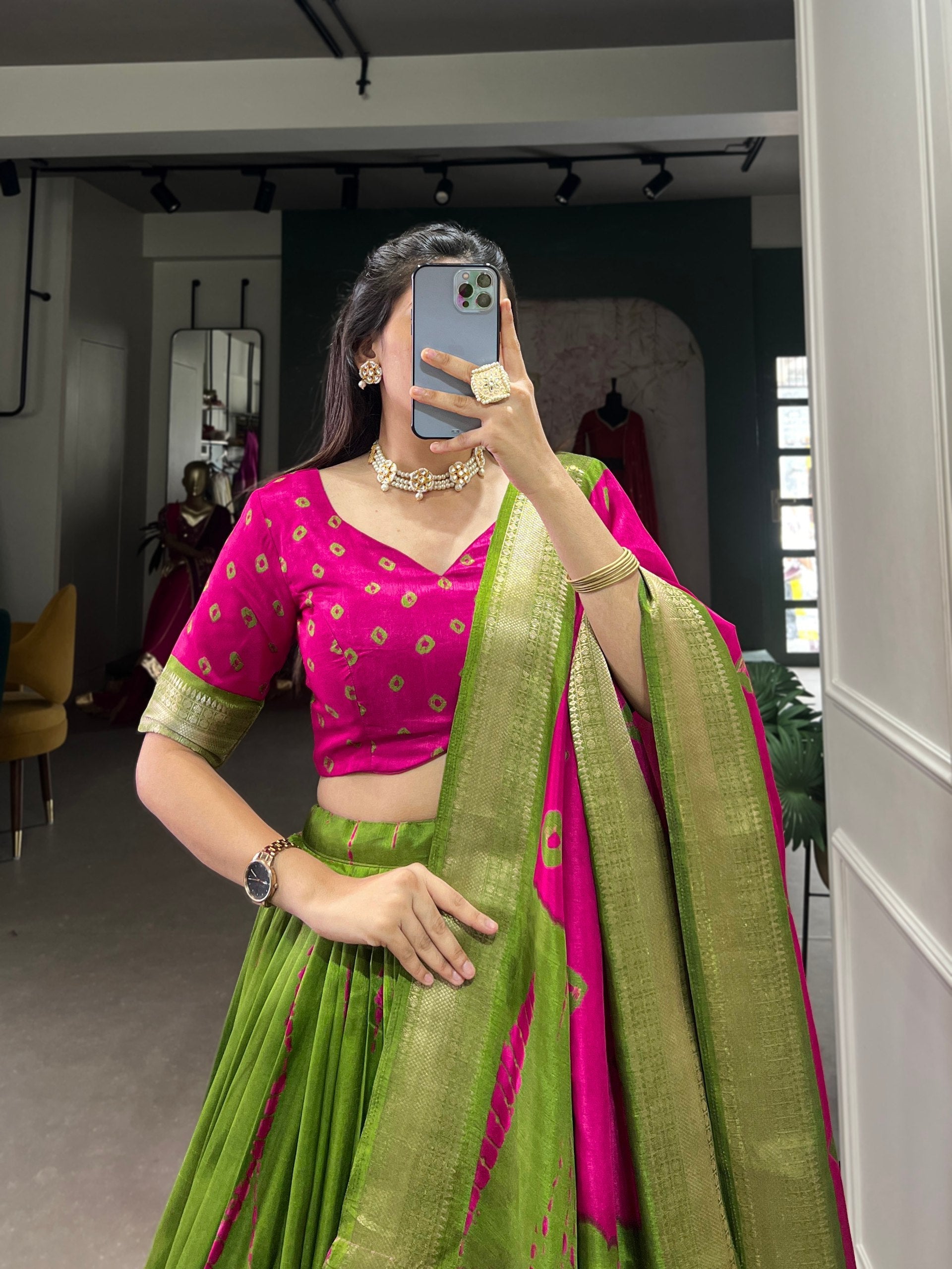 Magnificent Dola Silk Shibori Printed Zari Weaving Border Worked Lehenga Set - Ethnicwish