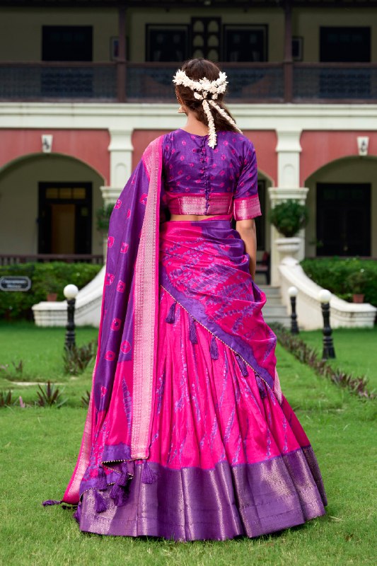 Magnificent Dola Silk Shibori Printed Zari Weaving Border Worked Lehenga Set - Ethnicwish