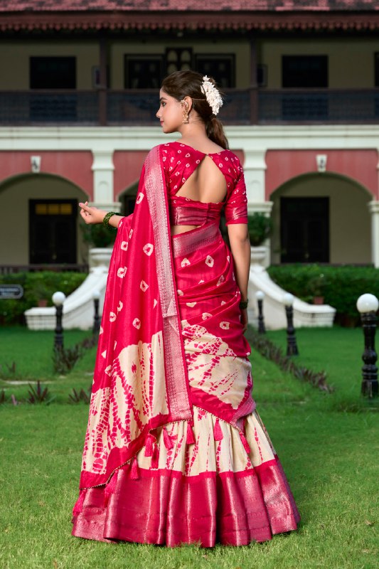 Magnificent Dola Silk Shibori Printed Zari Weaving Border Worked Lehenga Set - Ethnicwish