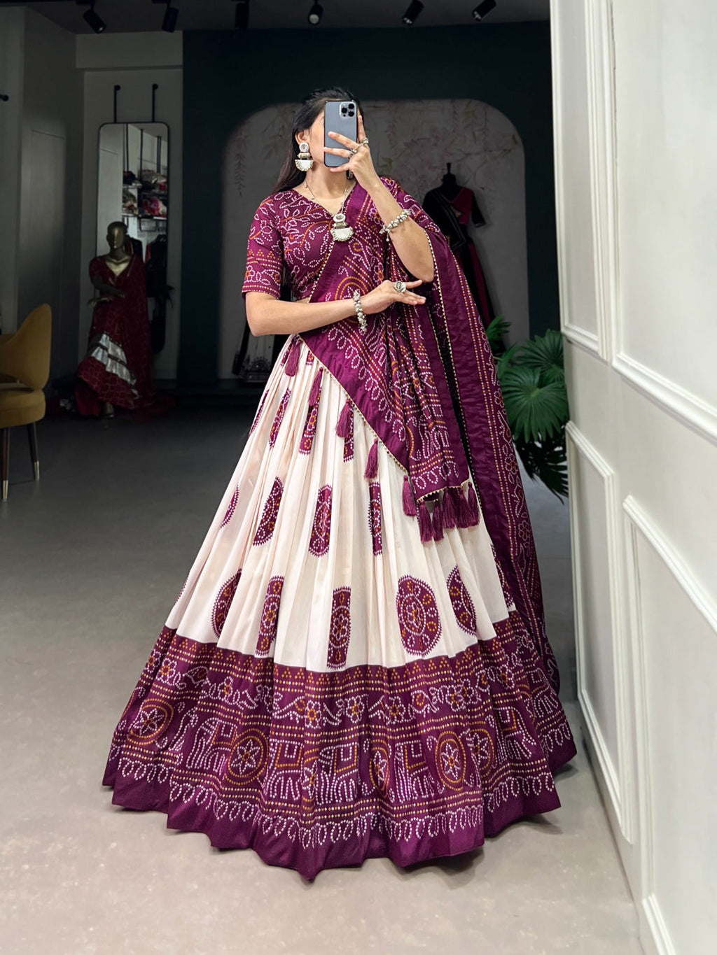Adorable Tussar Silk Bandhej Printed Lehenga Choli Set - Ethnicwish