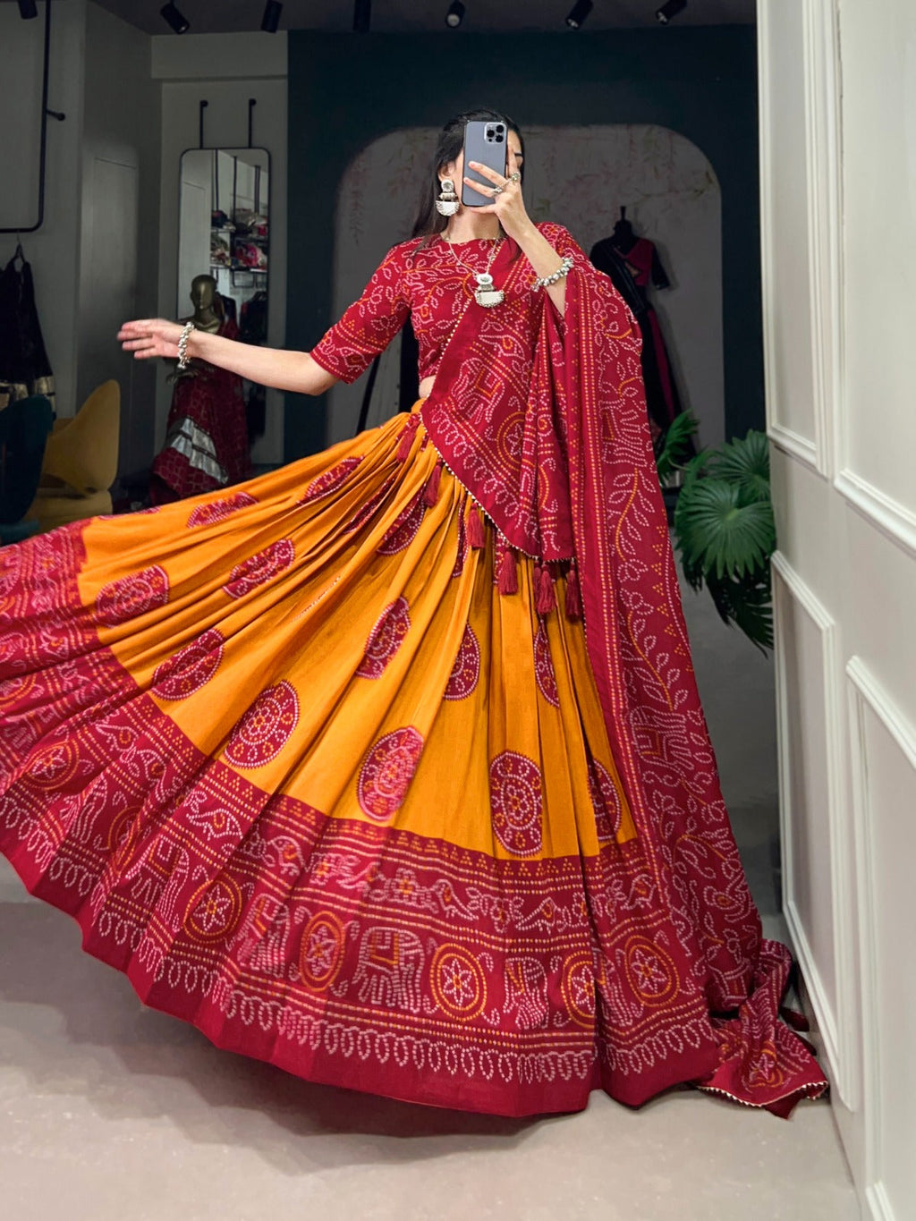 Adorable Tussar Silk Bandhej Printed Lehenga Choli Set - Ethnicwish