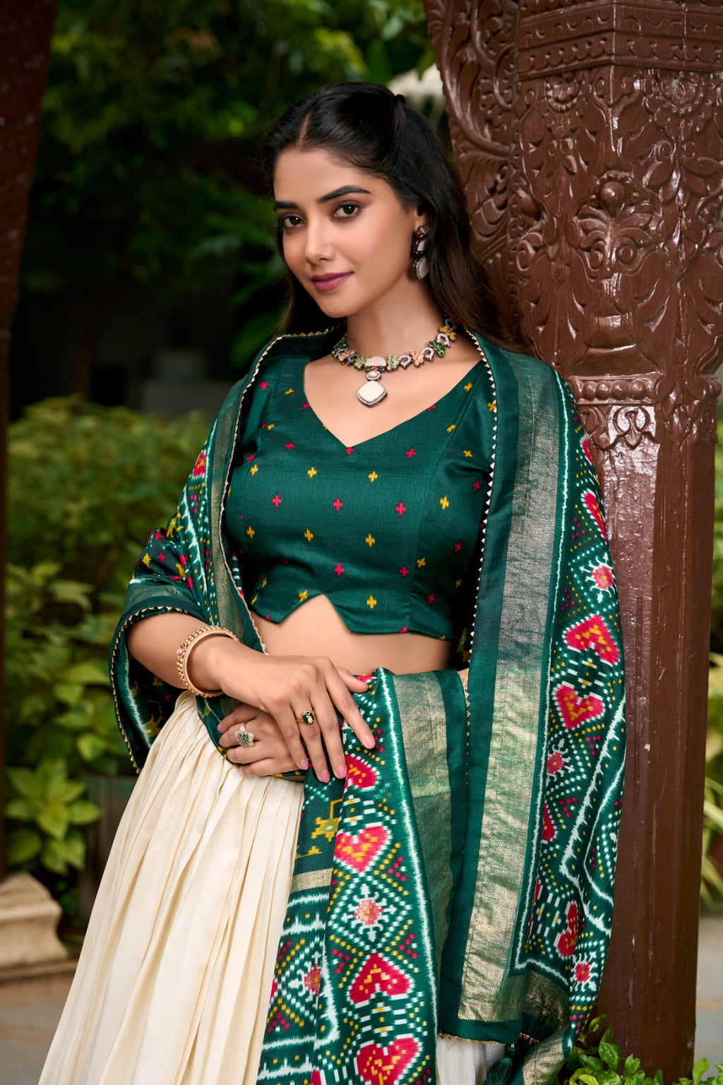 Dashing Green Tussar Silk Patola Printed Lehenga Choli Set - Ethnicwish