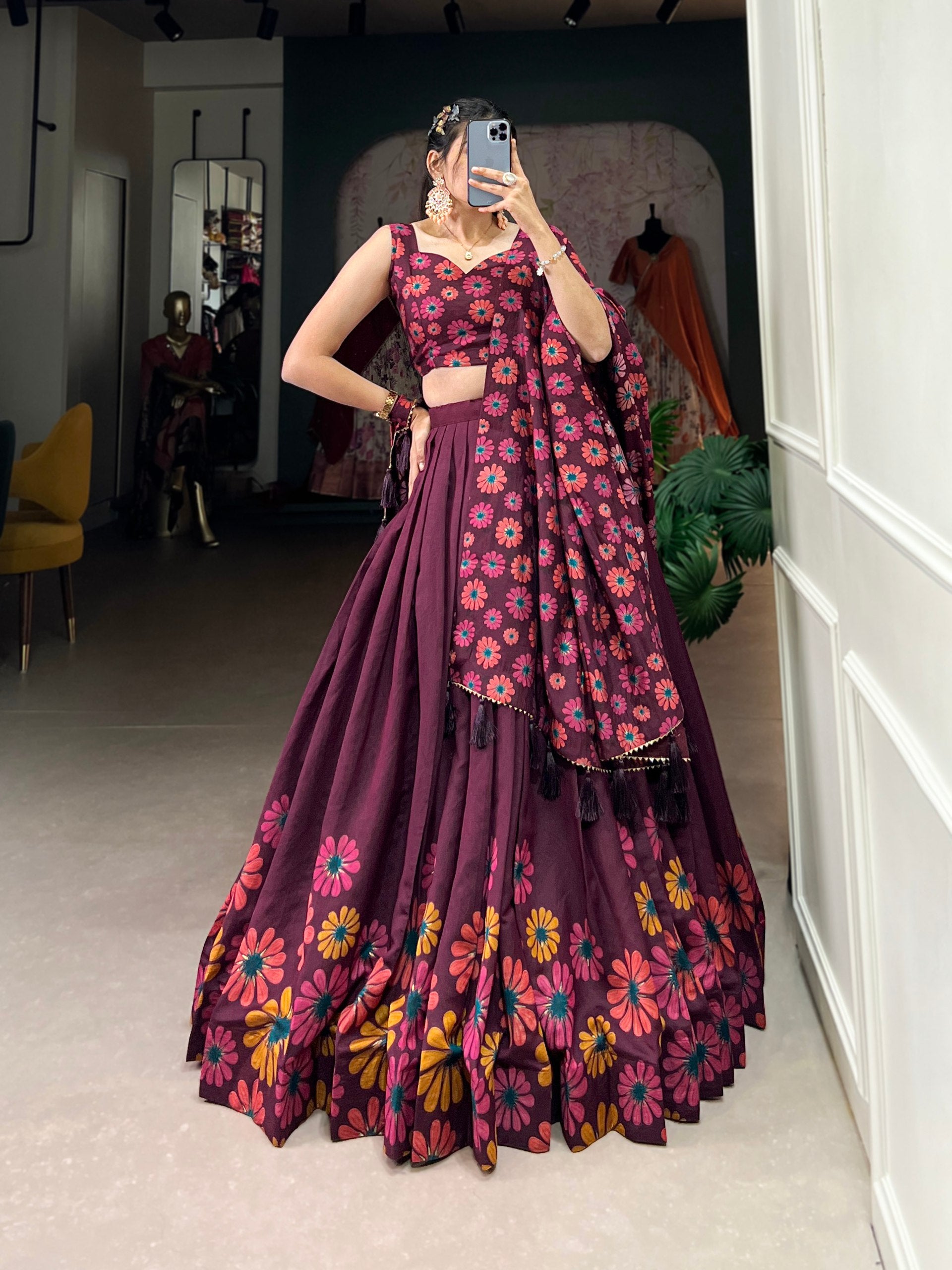 Breathtaking WineFloral Printed Foil Worked Tussar Silk Lehenga Choli - Ethnicwish