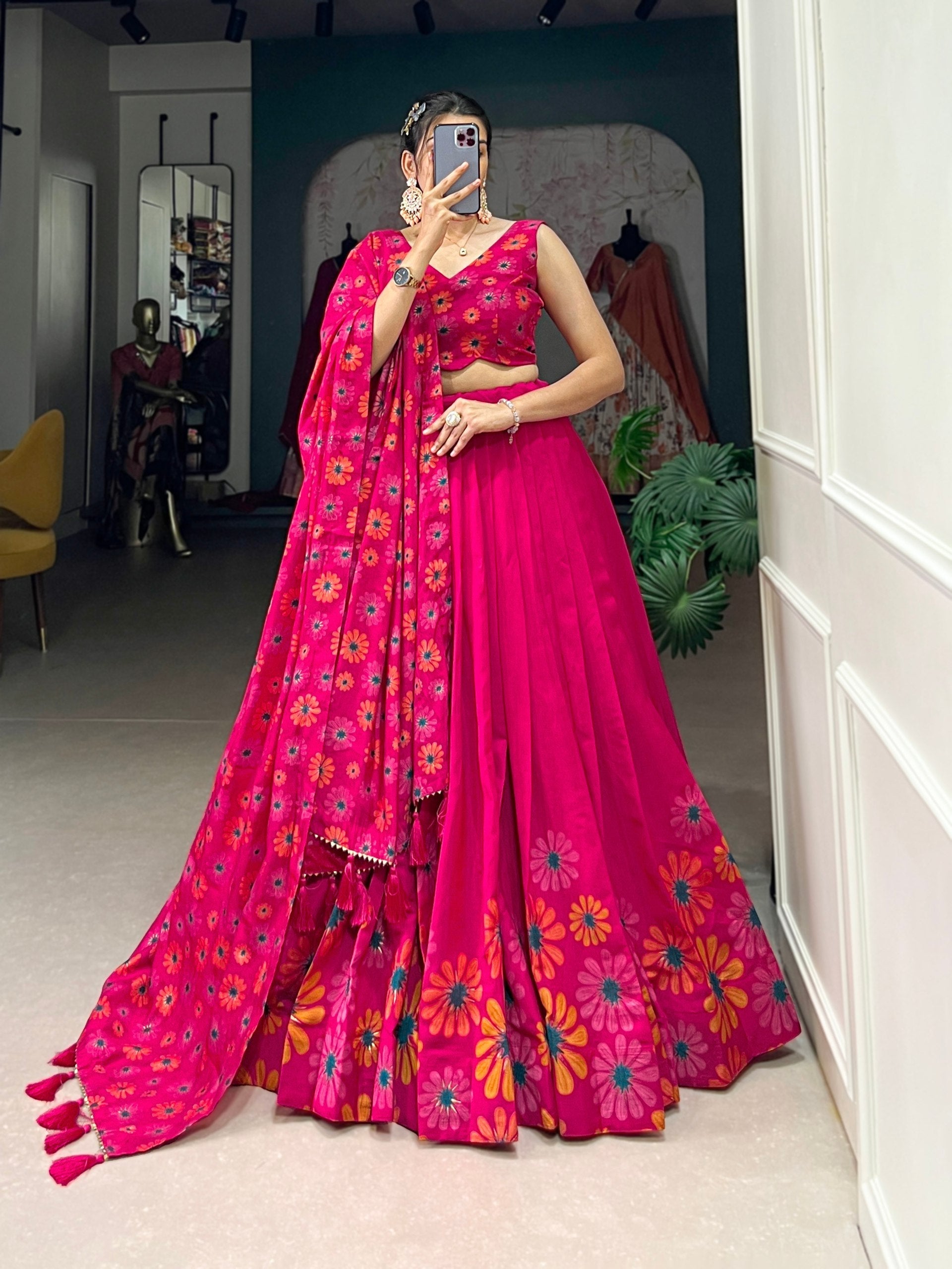 Magnificent Pink Floral Printed Foil Worked Tussar Silk Lehenga Choli - Ethnicwish