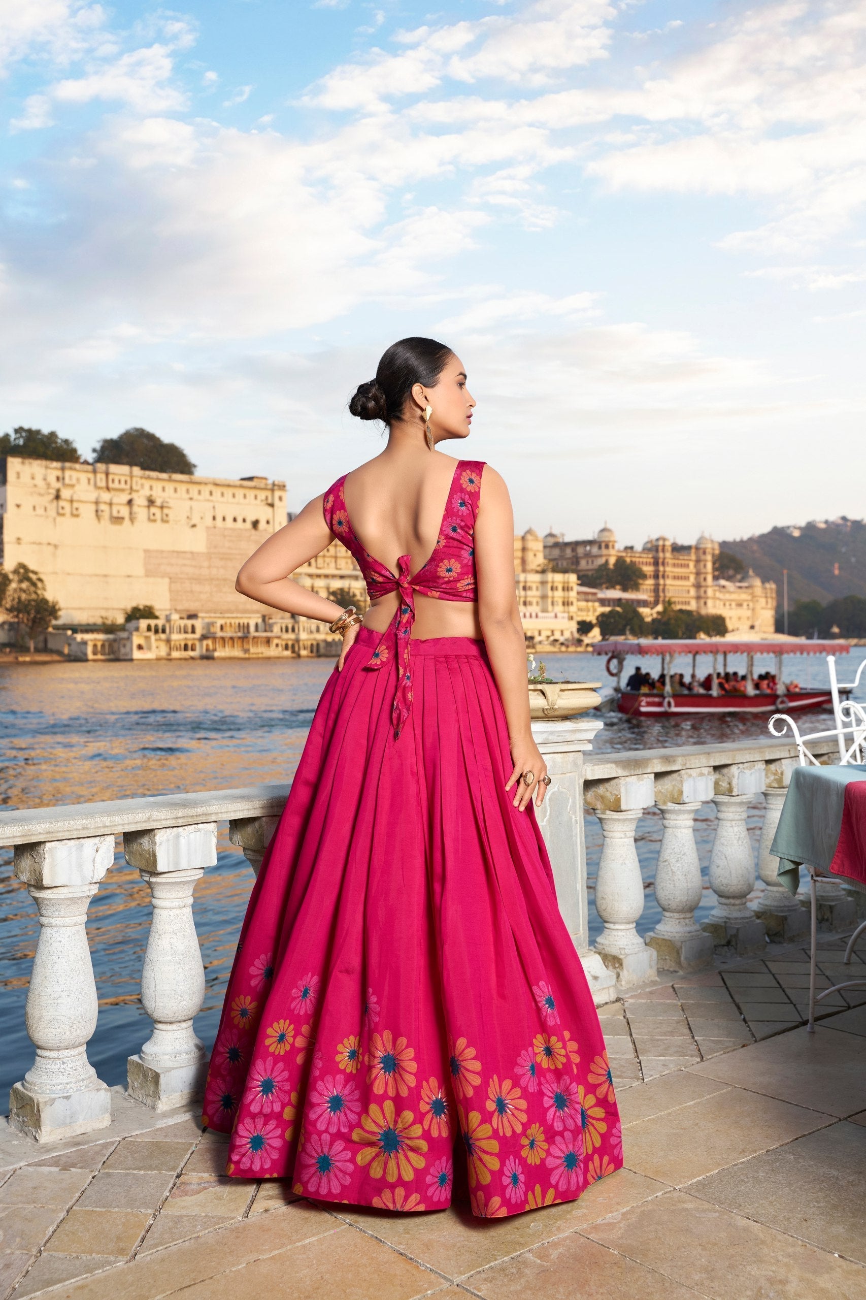 Magnificent Pink Floral Printed Foil Worked Tussar Silk Lehenga Choli - Ethnicwish