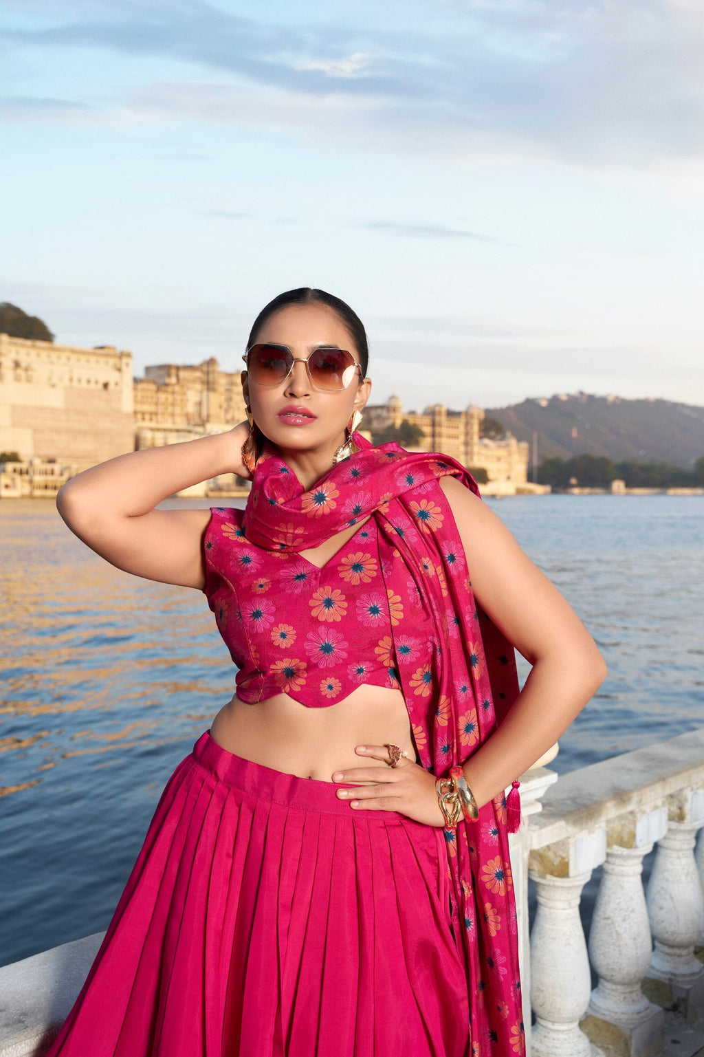 Magnificent Pink Floral Printed Foil Worked Tussar Silk Lehenga Choli - Ethnicwish