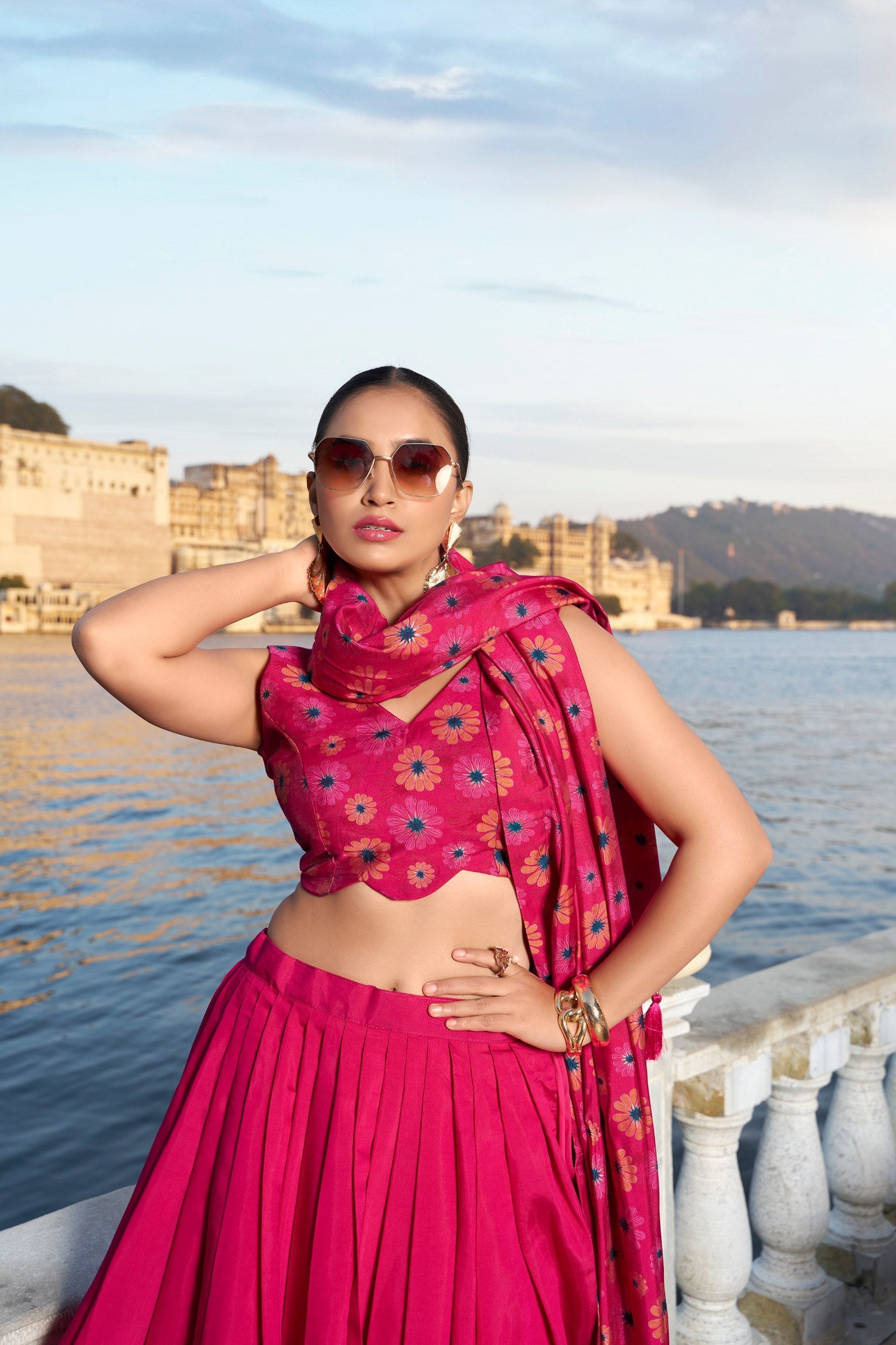 Magnificent Pink Floral Printed Foil Worked Tussar Silk Lehenga Choli - Ethnicwish